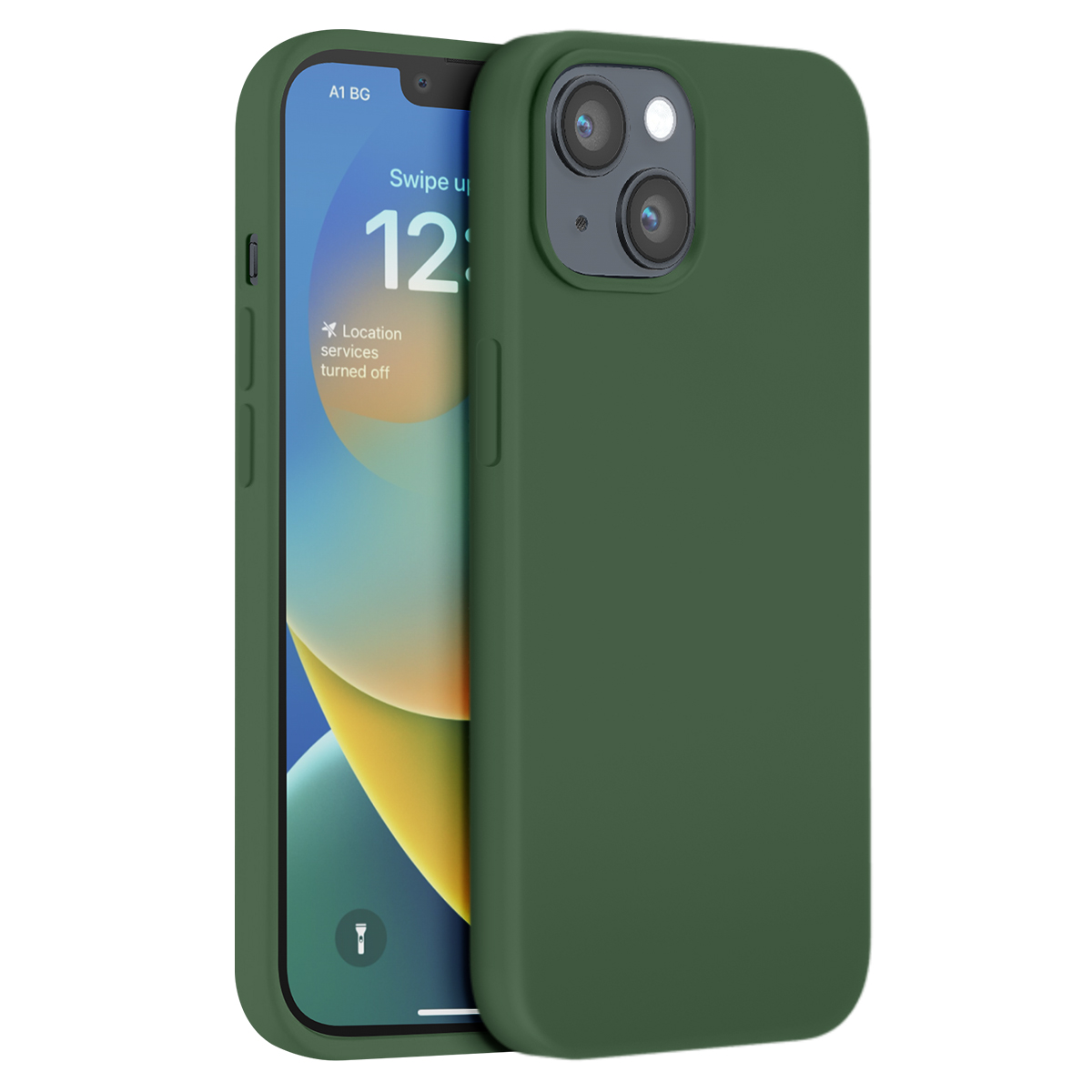Una cover verde scuro per telefono è mostrata su uno smartphone con lo schermo di blocco.
