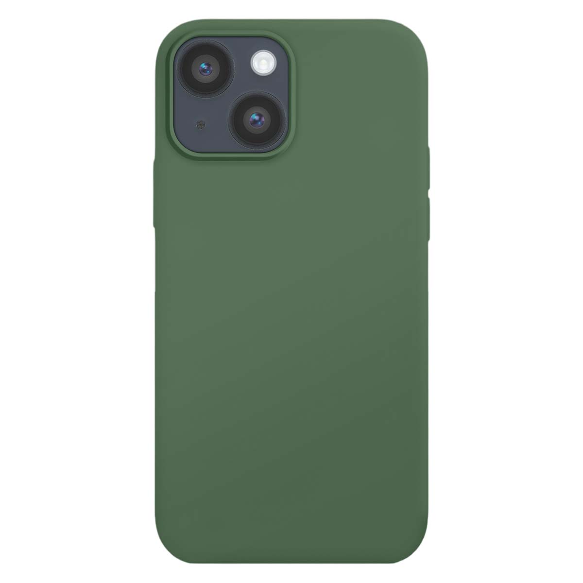Retro di una custodia verde scuro per iPhone 13 con ritaglio doppia fotocamera in alto a sinistra.