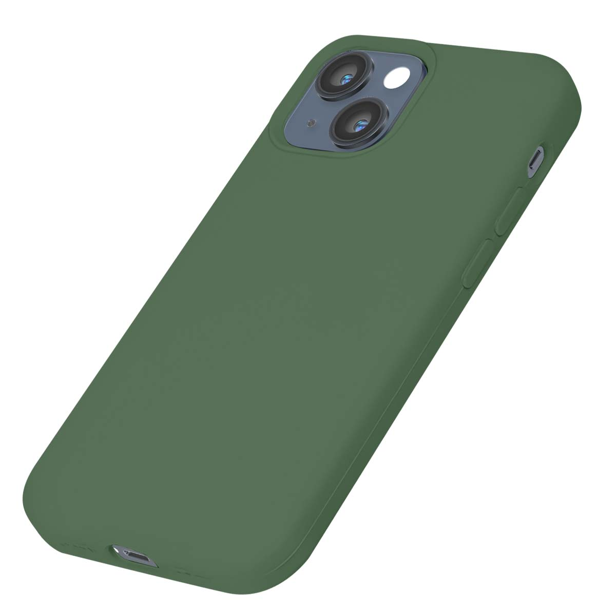 Una cover verde per telefono con ritaglio per fotocamera su sfondo bianco.