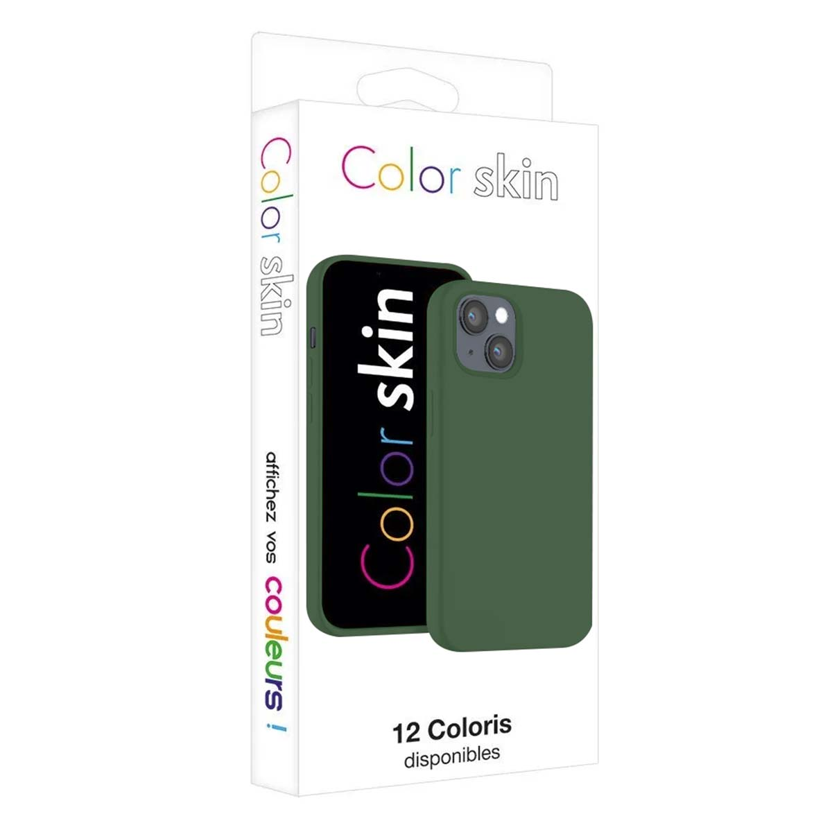 Confezione prodotto per cover telefono verde, mostra la cover e un telefono con cover.