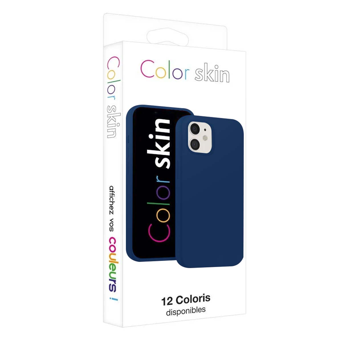 Emballage de coque de téléphone bleu foncé et protection d'écran avec texte coloré.