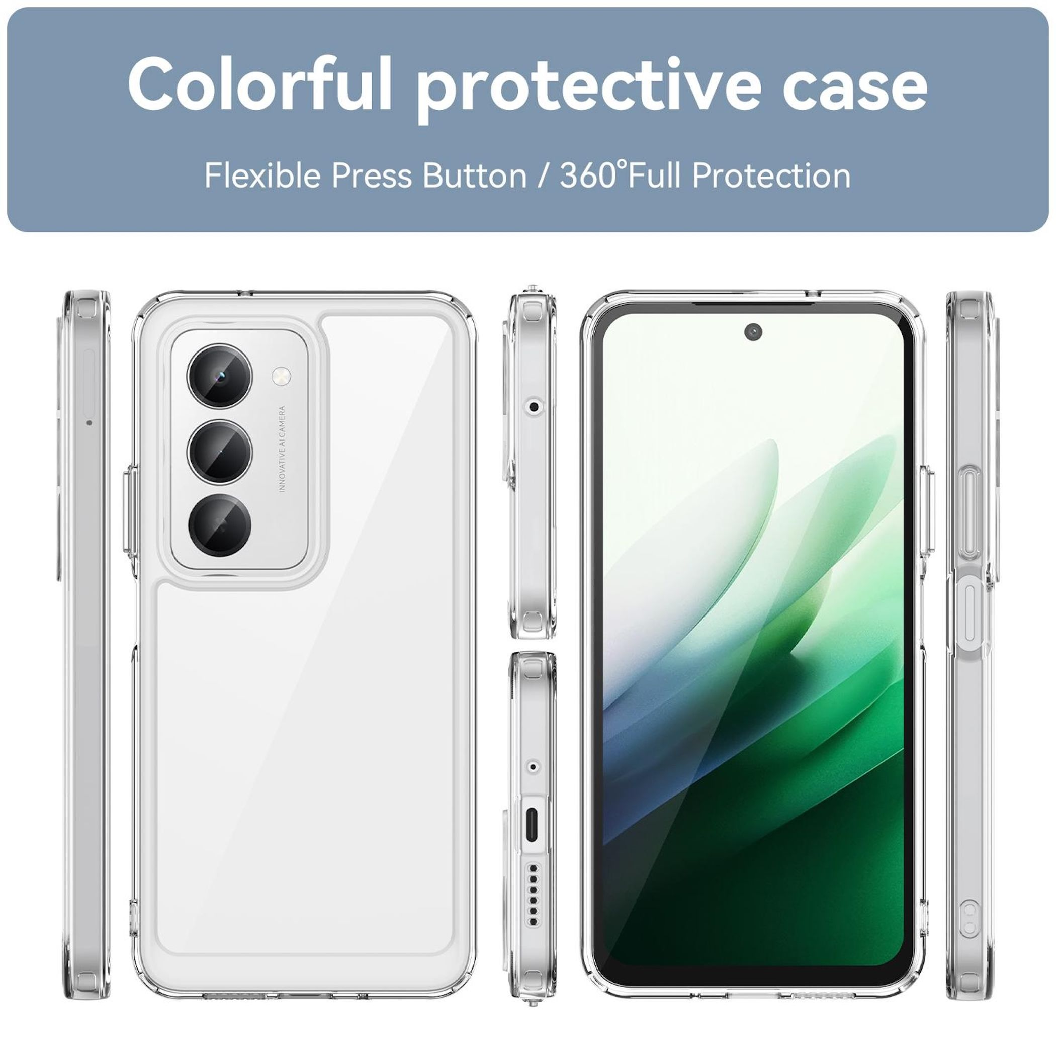 Custodia trasparente per telefono mostrata da più angolazioni, evidenziando fotocamera e pulsanti.