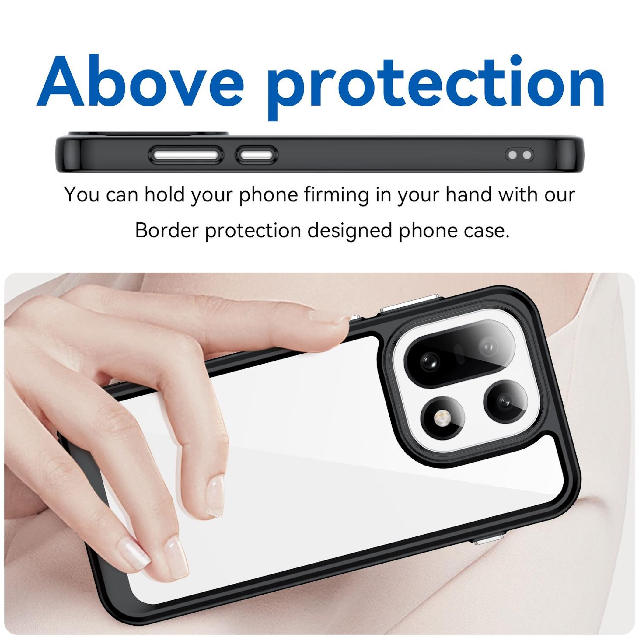 Una mano tiene una custodia trasparente per telefono con bordo nero, che mostra la fotocamera.