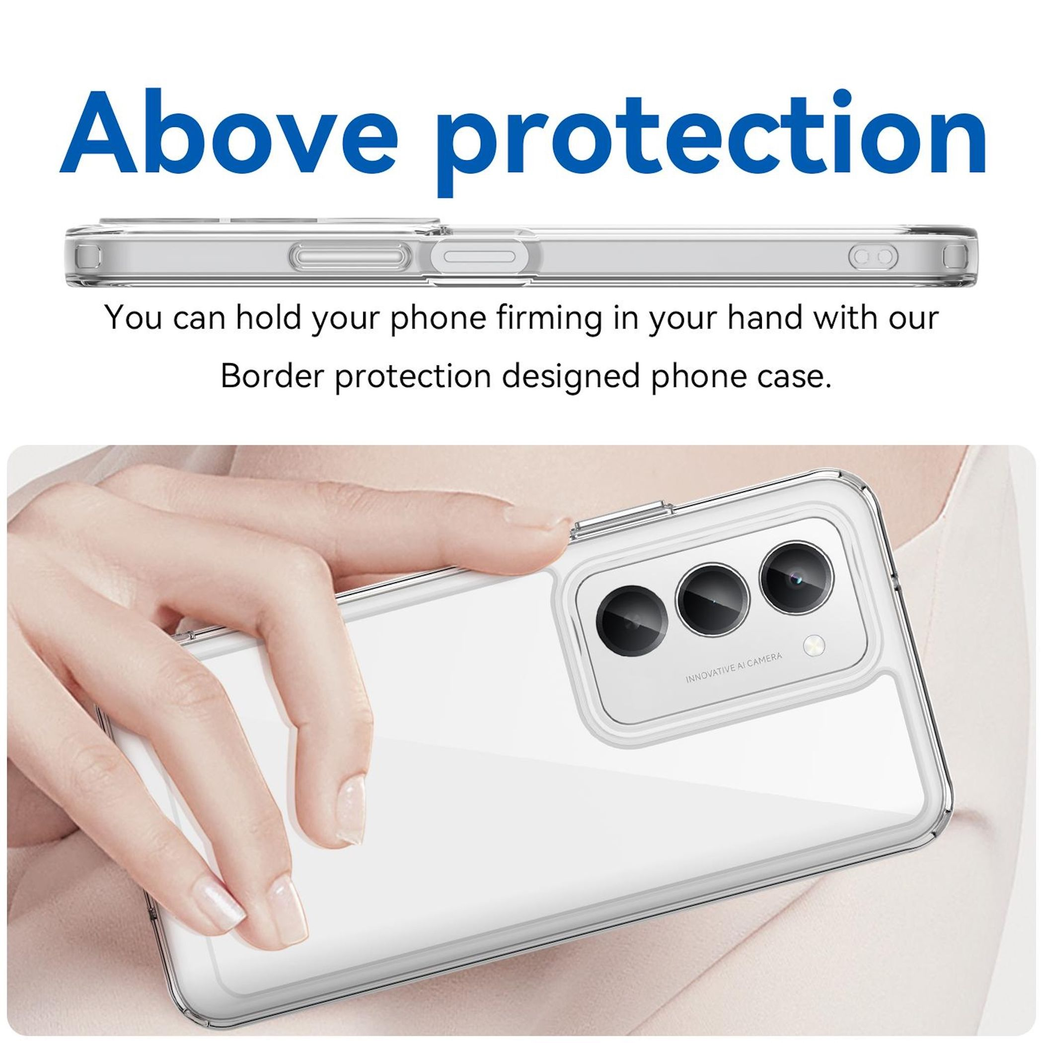 Una mano tiene una cover trasparente attorno a un telefono con tripla fotocamera.