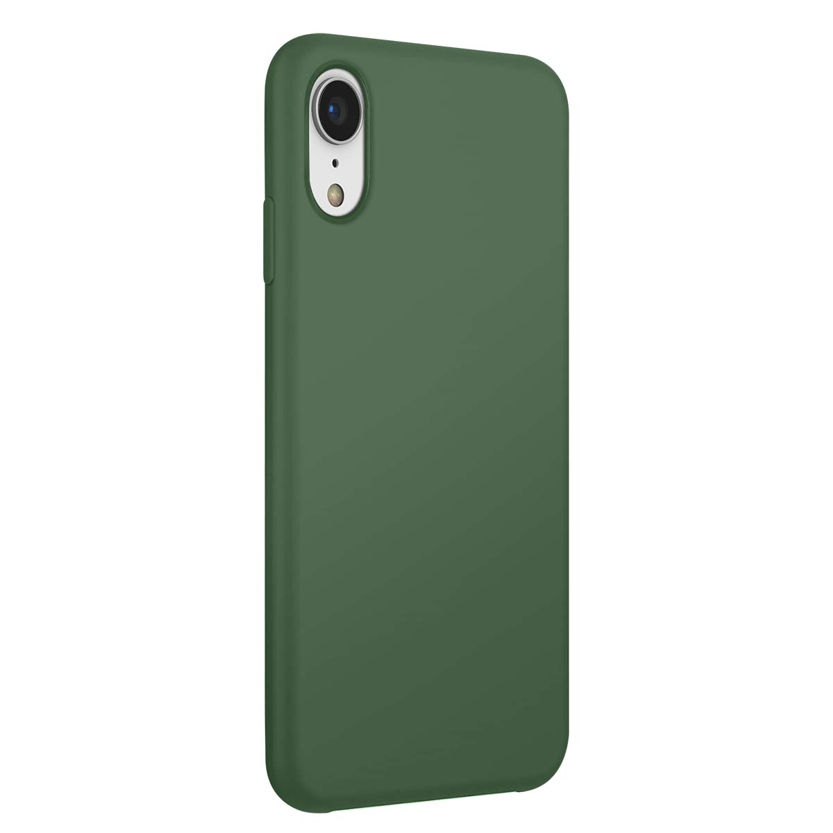Se muestra una funda de teléfono verde oscuro con recorte de cámara sobre fondo blanco.