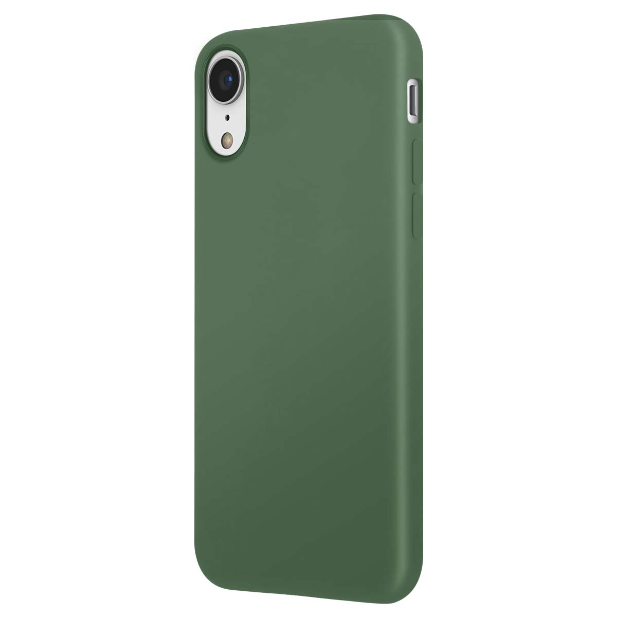 Una funda de teléfono verde con recorte de cámara y botones laterales, sobre fondo blanco.