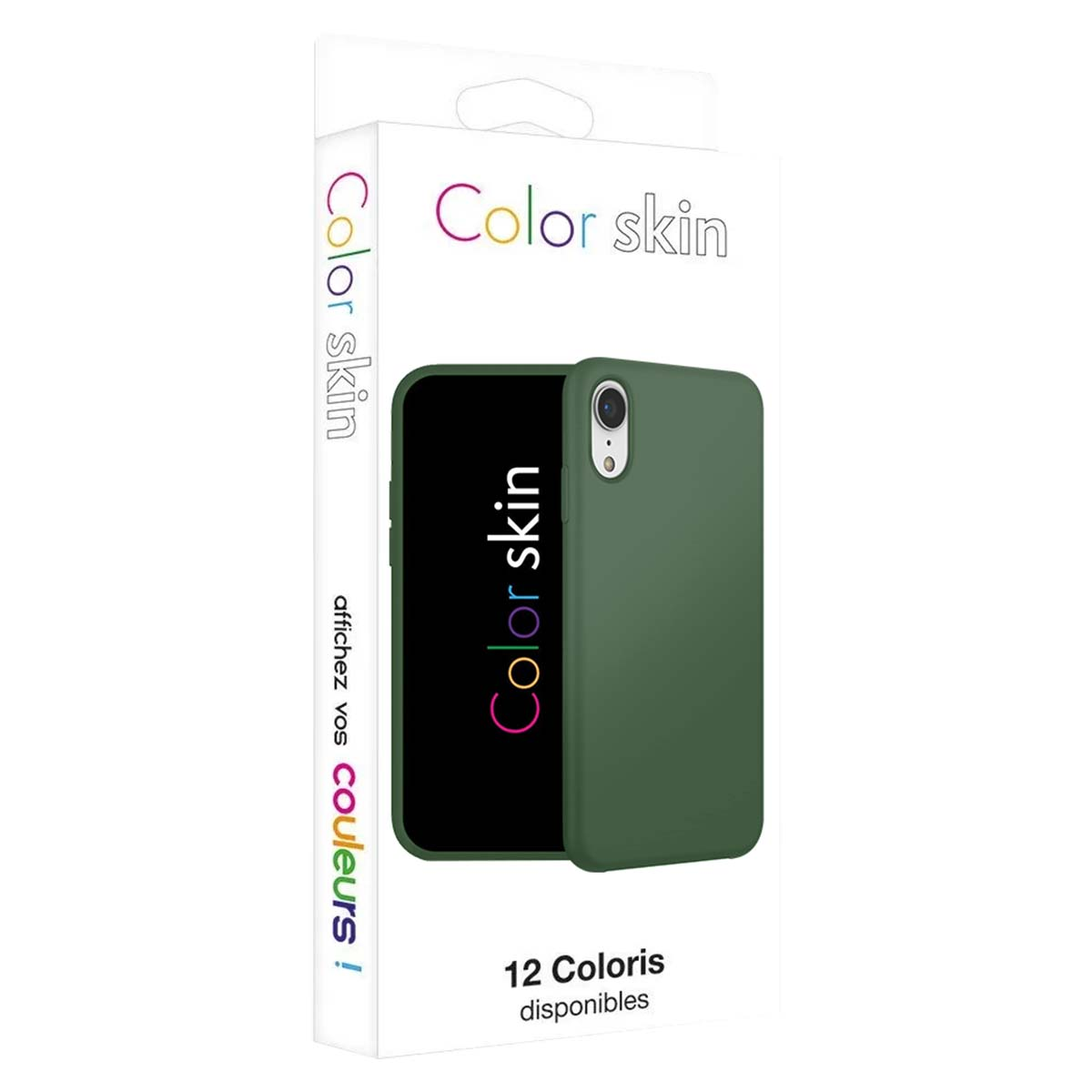 Una funda de teléfono verde se muestra en su embalaje. El texto dice 'Color skin'.