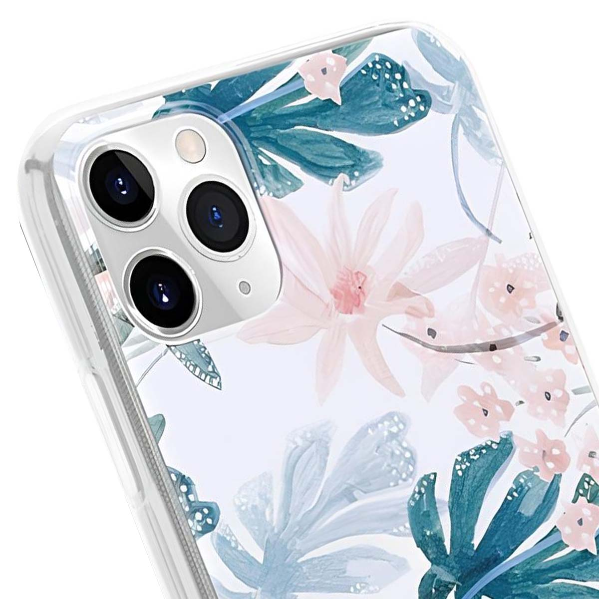 Primo piano di una cover trasparente per telefono con disegno floreale ad acquerello rosa e blu.