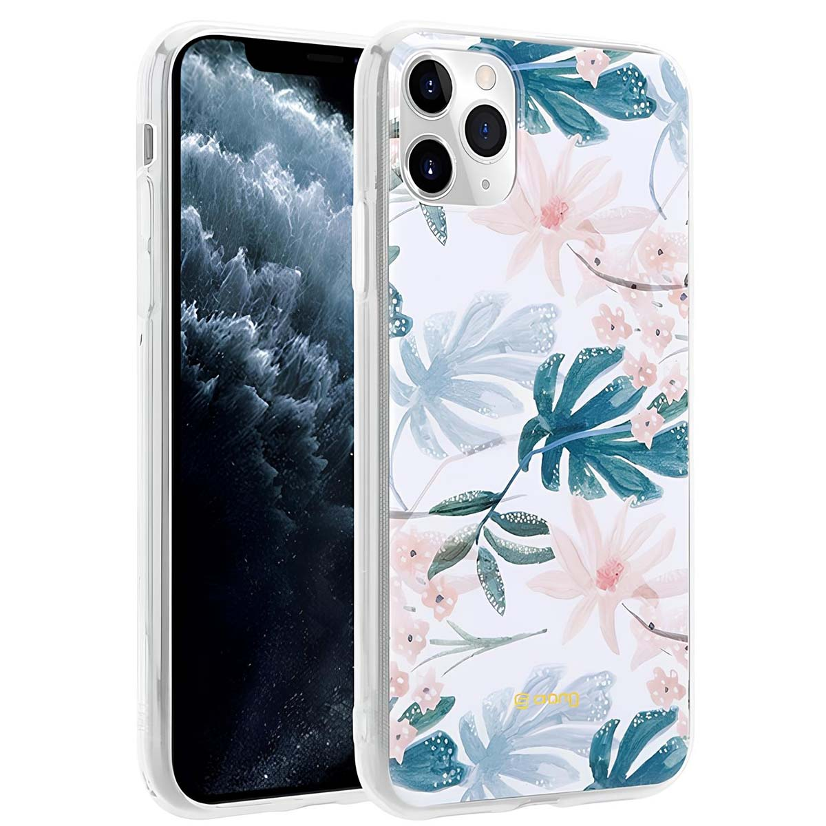 Una custodia trasparente per telefono con un motivo floreale di fiori e foglie rosa e blu.