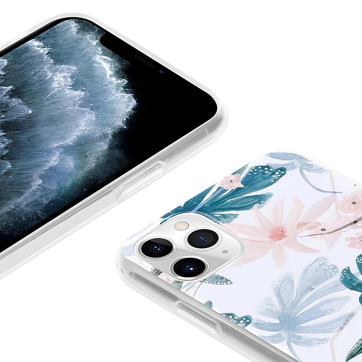 Primo piano di due custodie per telefono, una con motivo floreale, su sfondo bianco.