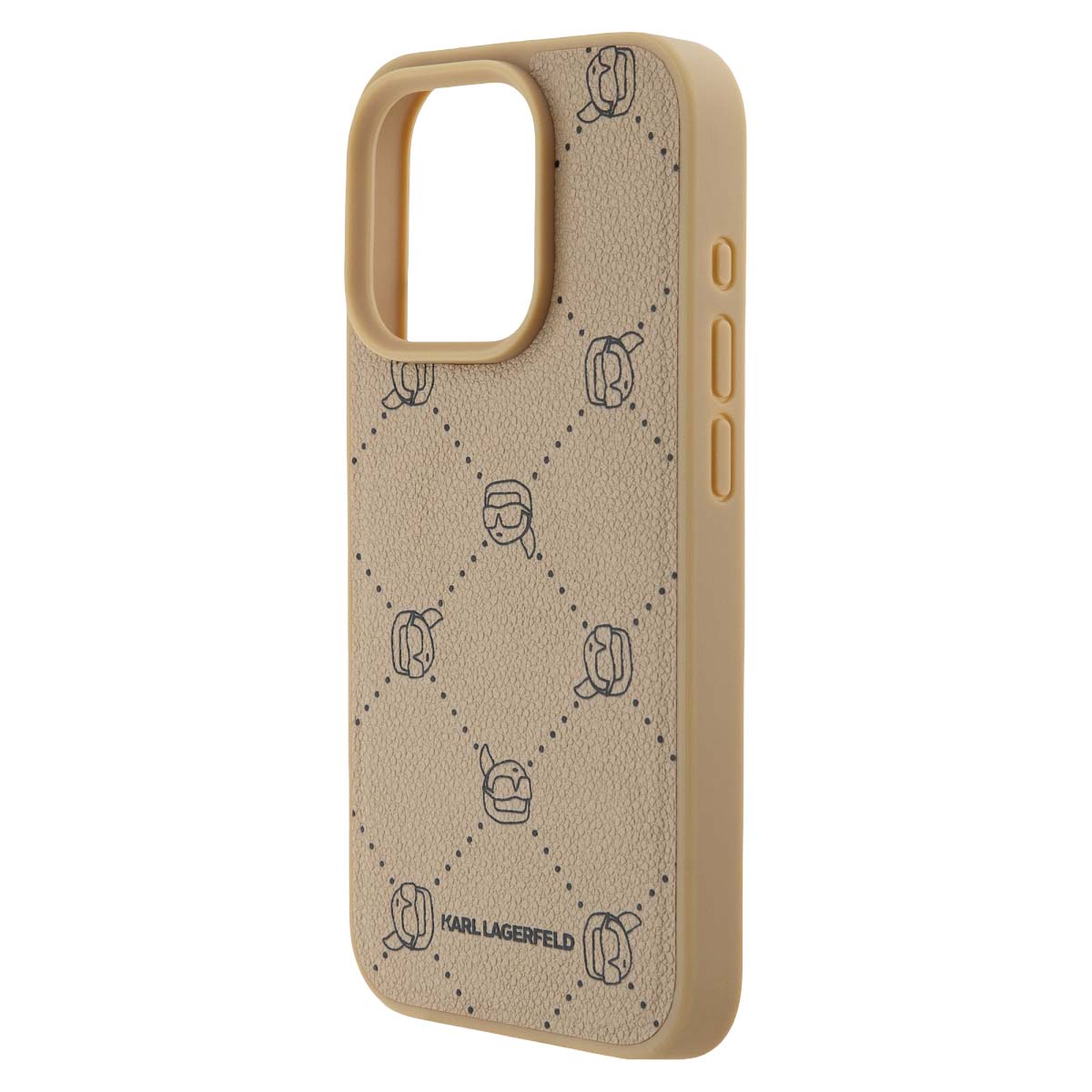 Una custodia per telefono beige Karl Lagerfeld con motivo a rombi e logo ripetuto.