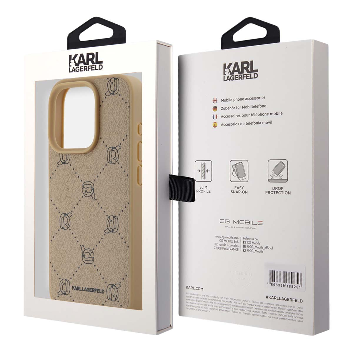Confezione custodia Karl Lagerfeld con logo Karl e caratteristiche accessorio a destra.
