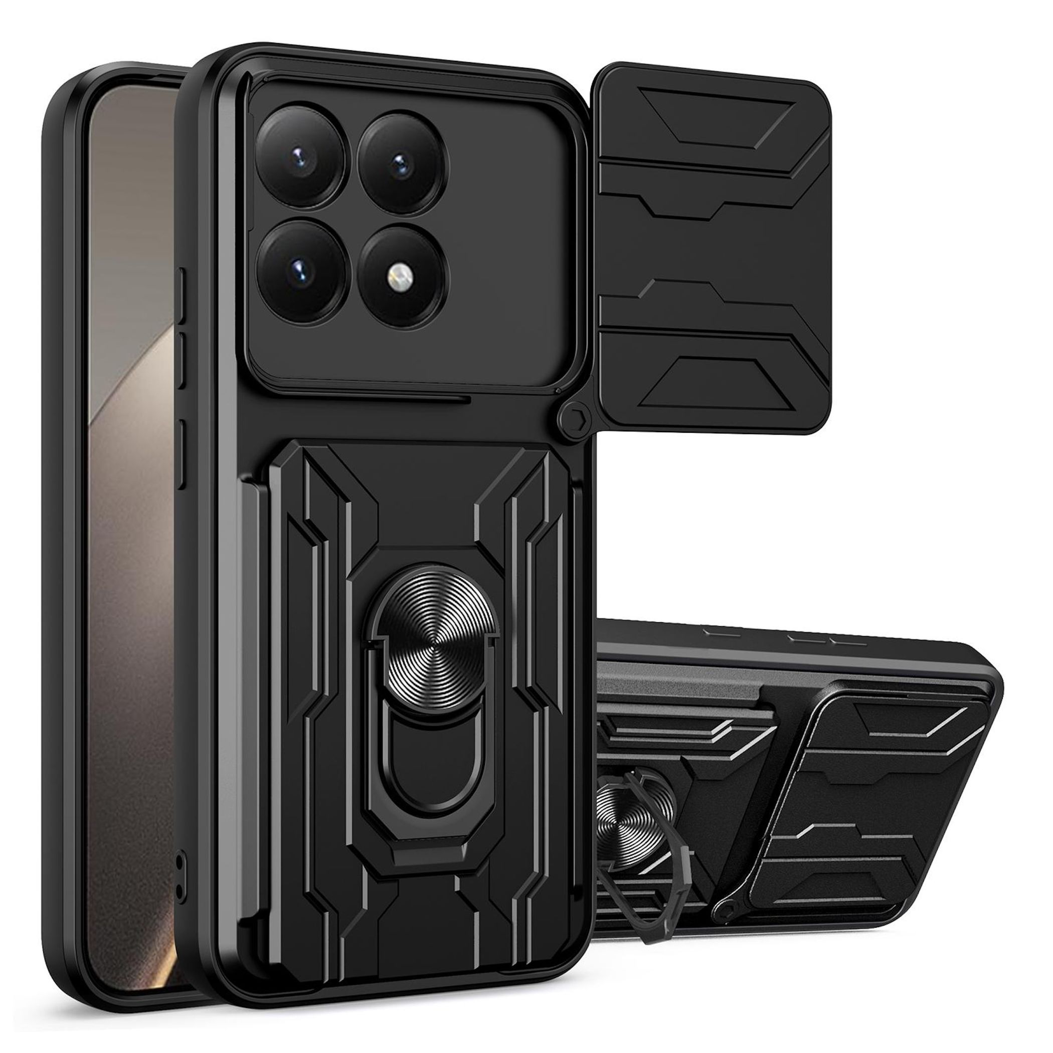 Funda negra para teléfono con soporte de anillo y cubierta de cámara.