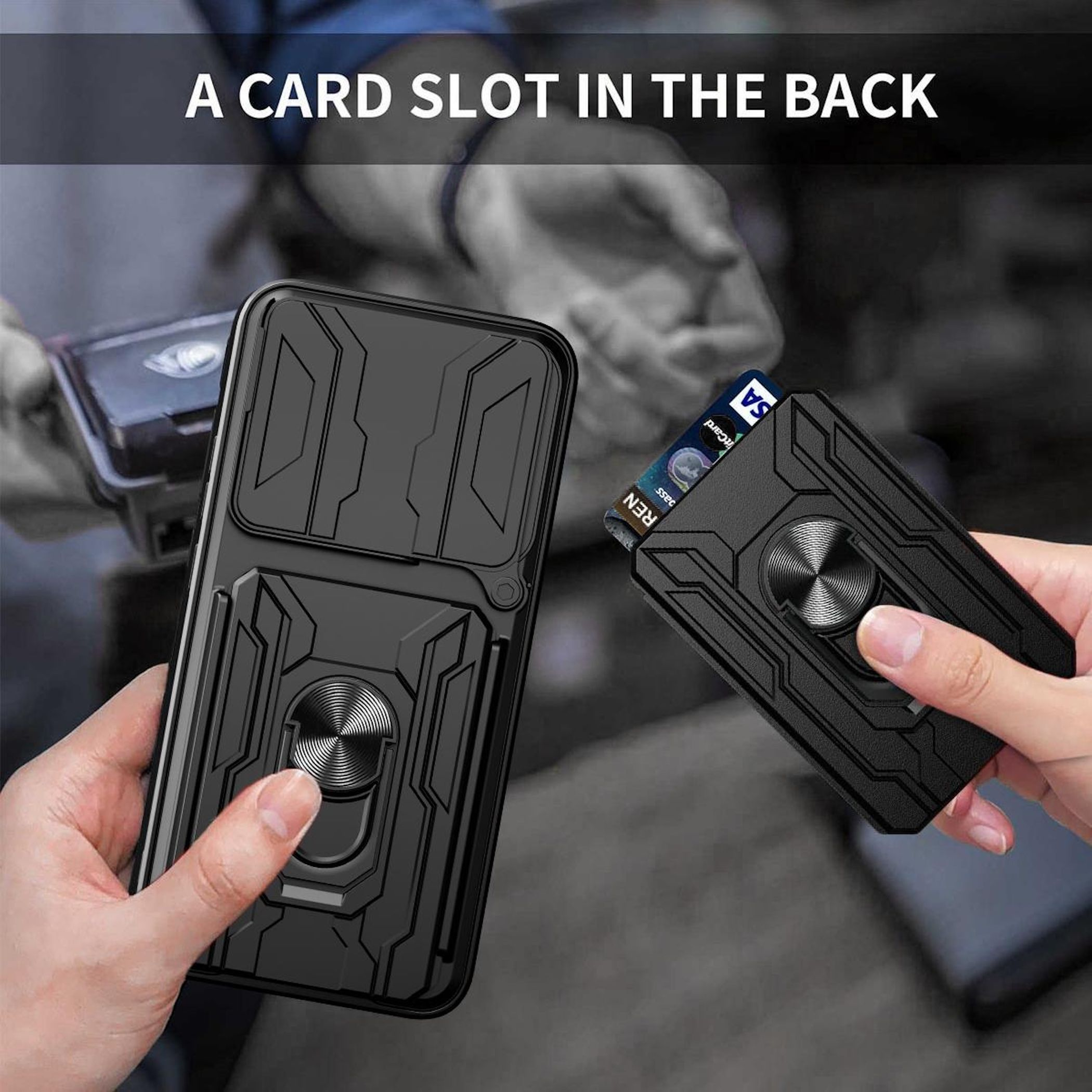 Se muestra una funda de teléfono negra con ranura para tarjetas y soporte de anillo.