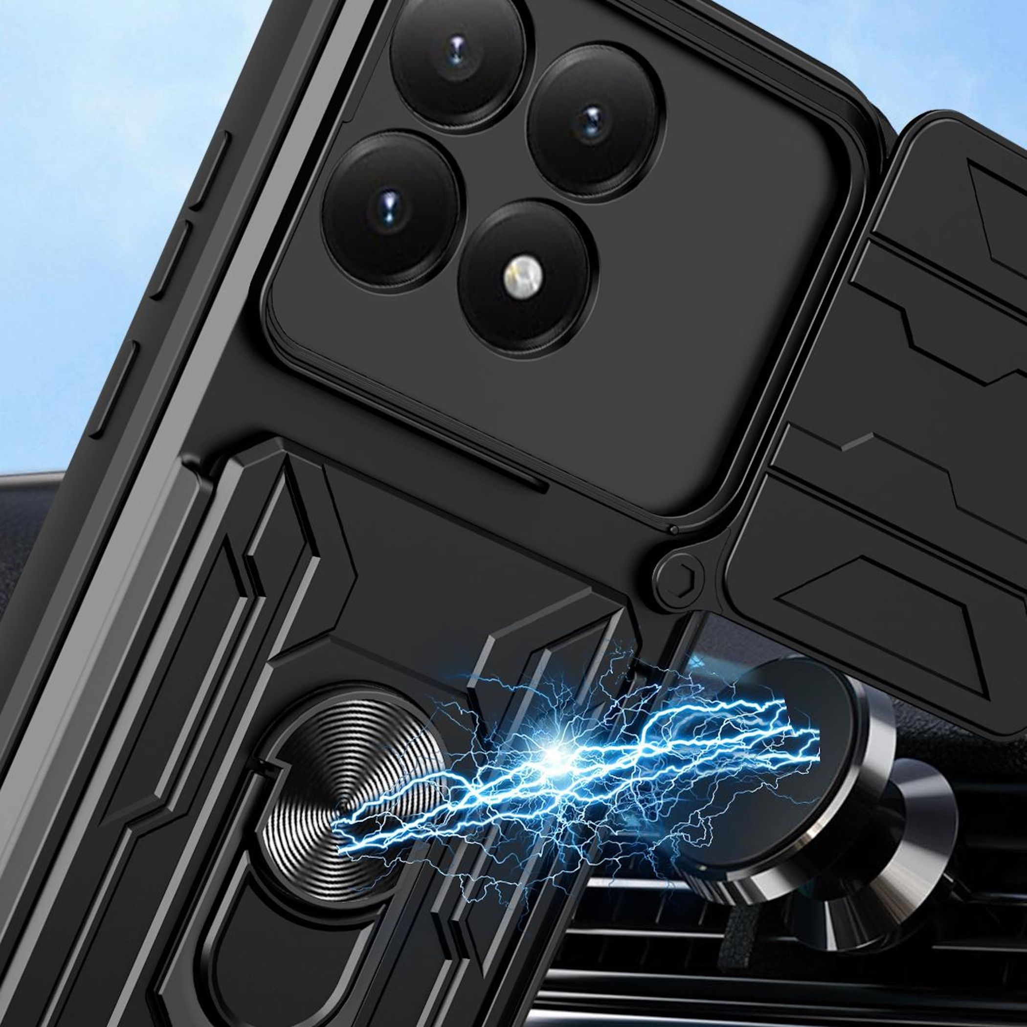 Funda negra para teléfono con cuatro cámaras y soporte magnético que emite un rayo azul.