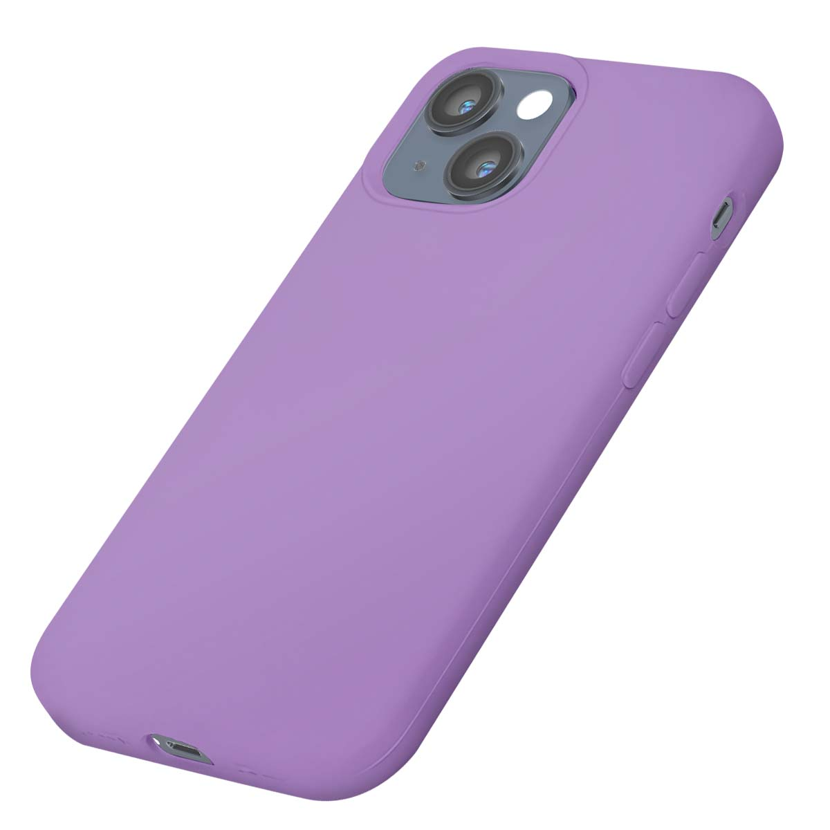 Una cover viola per telefono con ritaglio fotocamera è mostrata su sfondo bianco.