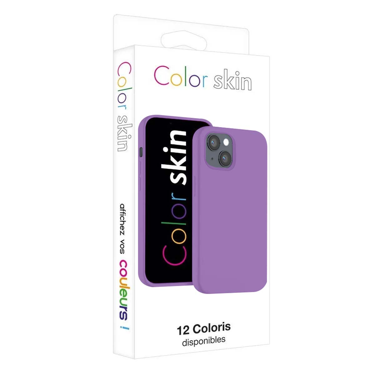 Una custodia viola per telefono e un telefono sono mostrati su una scatola bianca con testo colorato.