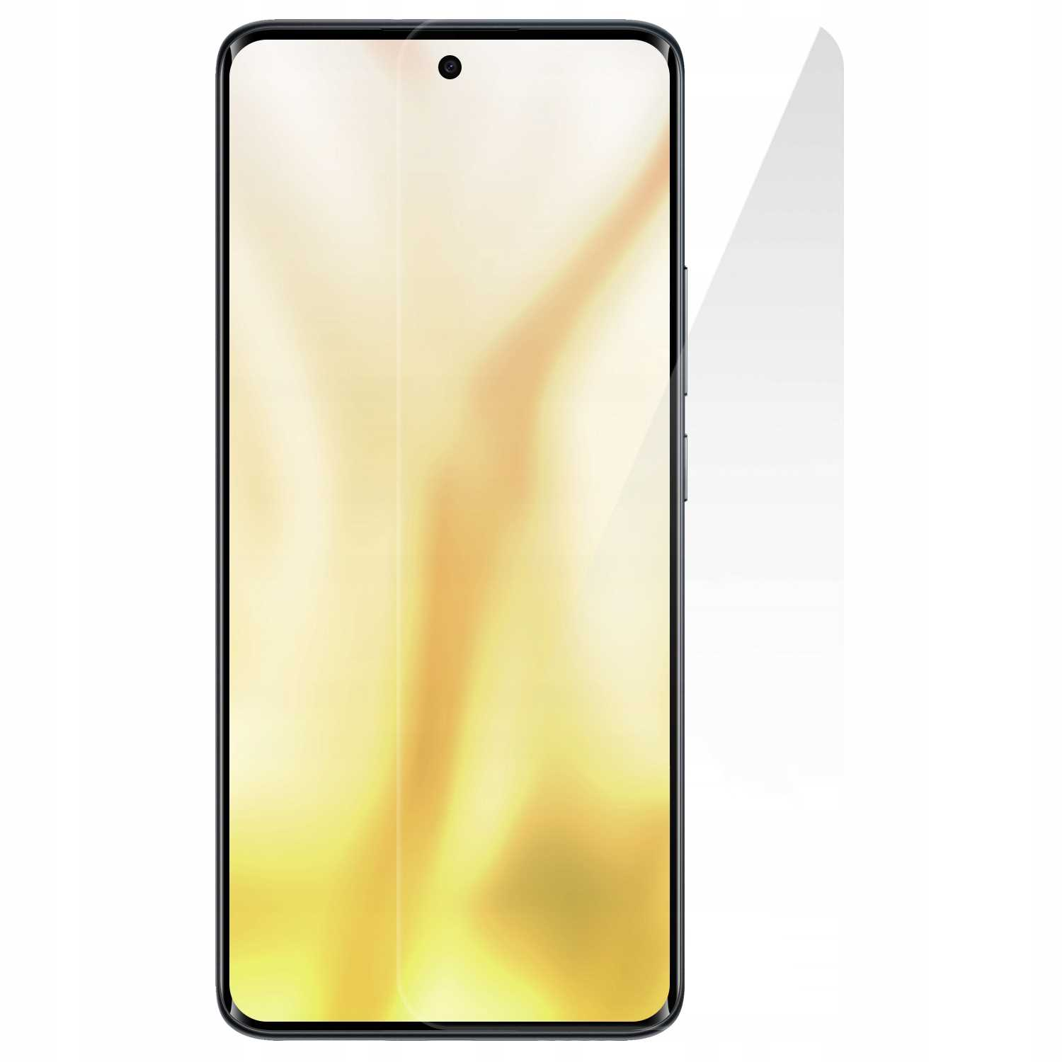 Czarny smartfon z nałożoną folią ochronną na ekranie, na białym tle.