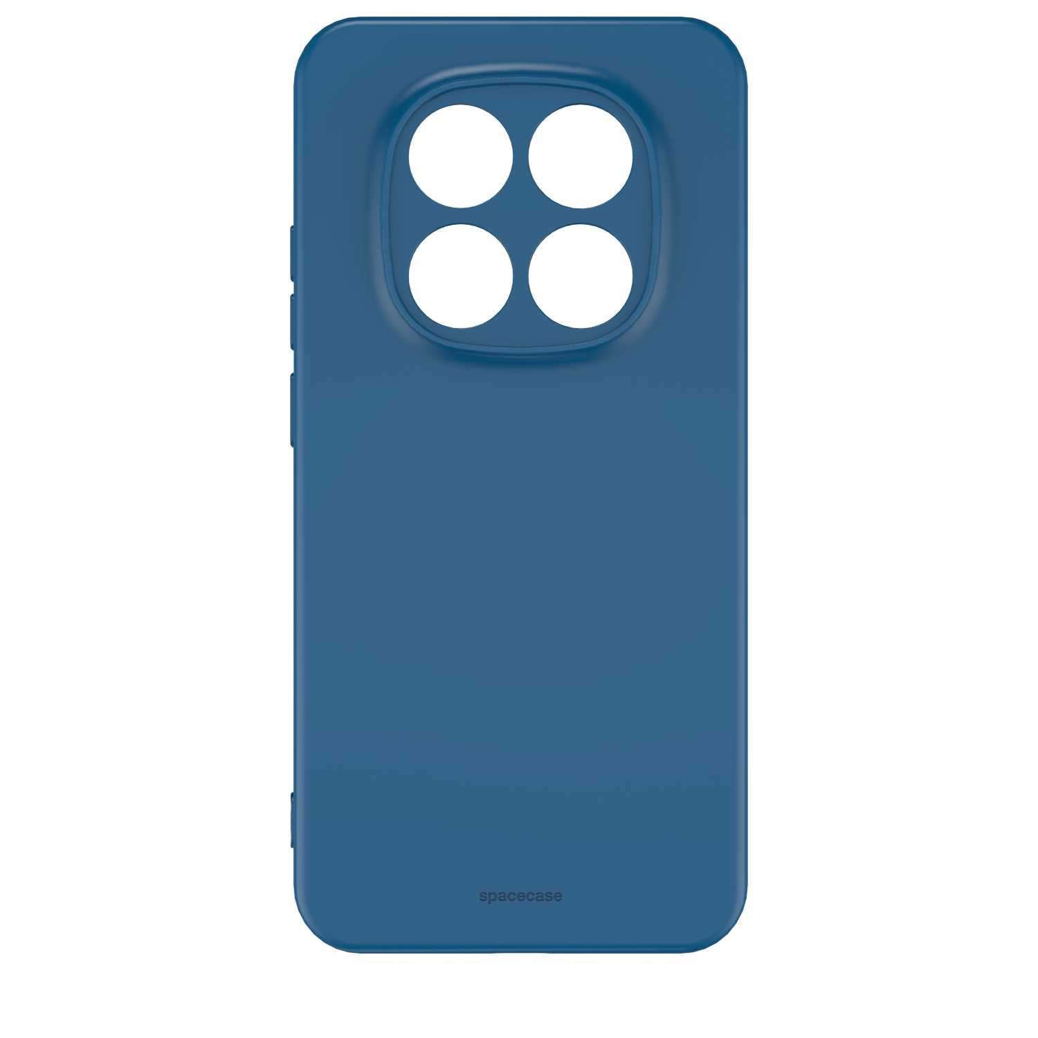 Niebieskie etui na telefon z wycięciem na aparat z czterema obiektywami pokazane na białym tle.