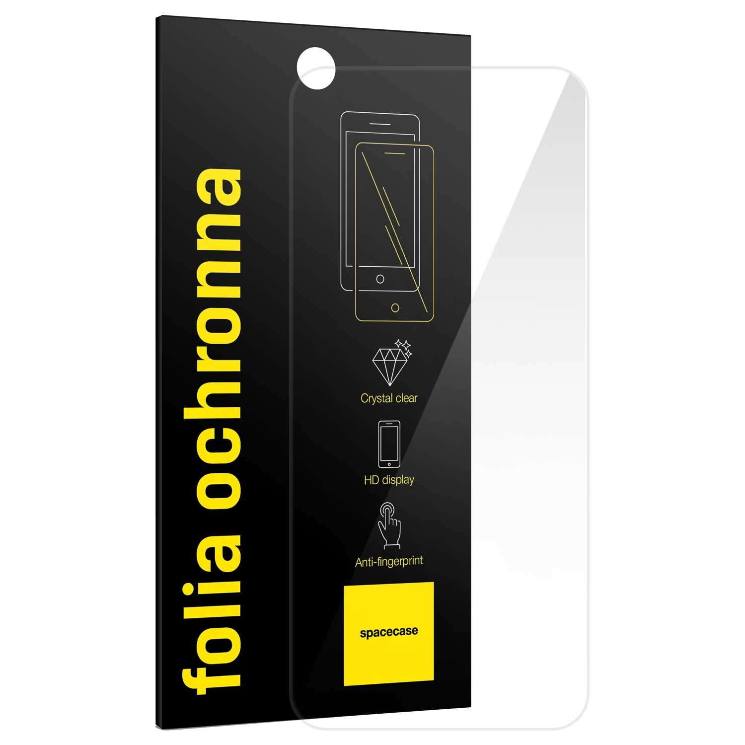Opakowanie folii ochronnej z napisem 'folia ochronna', ikonami diamentu, telefonu i odcisku palca.
