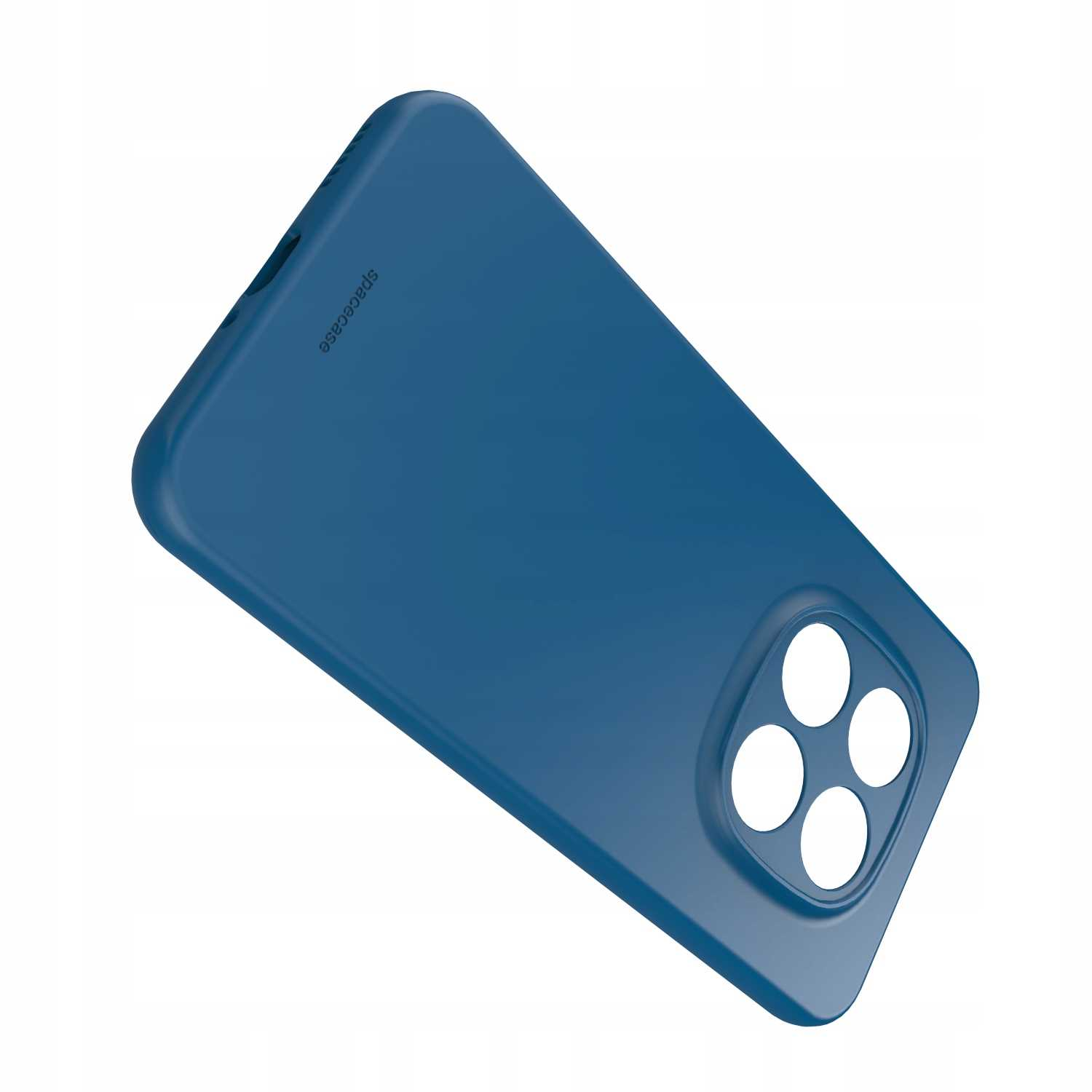 Niebieskie etui na telefon z wycięciem na cztery obiektywy, na białym tle.