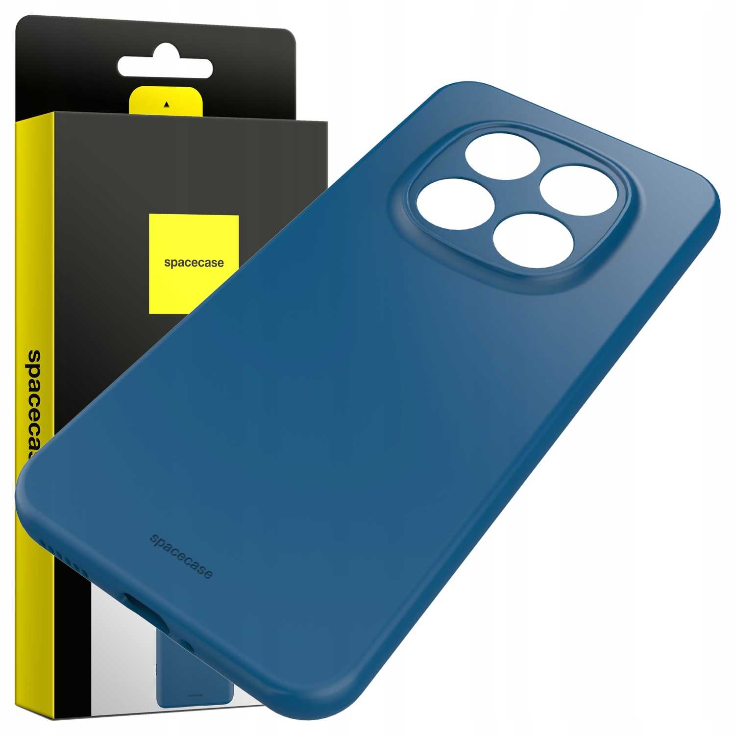 Niebieskie etui na telefon z wycięciem na aparat i opakowaniem.