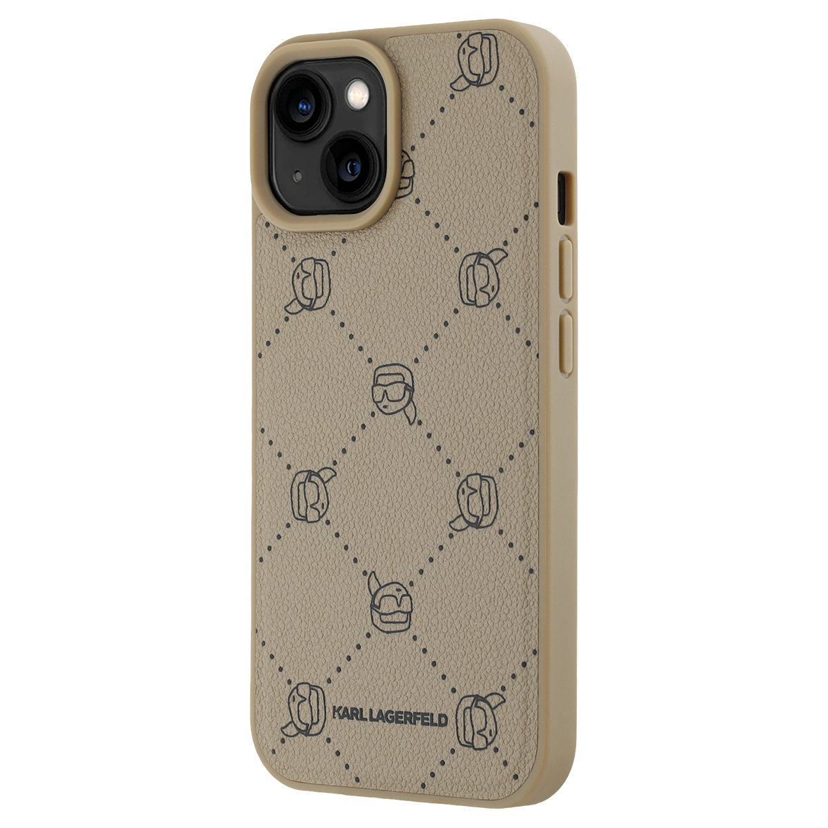 Una custodia per telefono beige con motivo logo Karl Lagerfeld e ritaglio fotocamera.