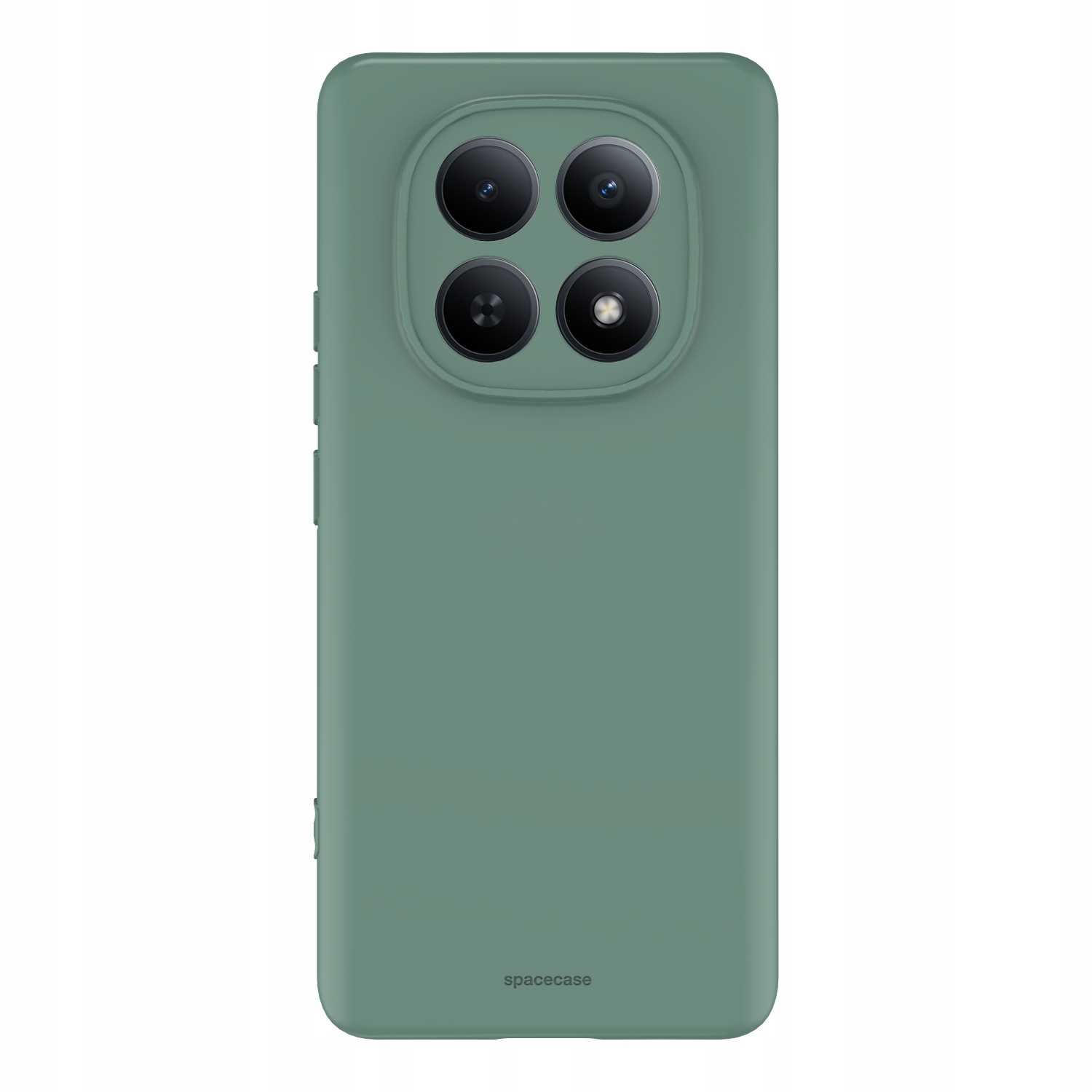 Zielone etui na telefon z poczwórnym aparatem z tyłu. Logo Spacecase na dole.