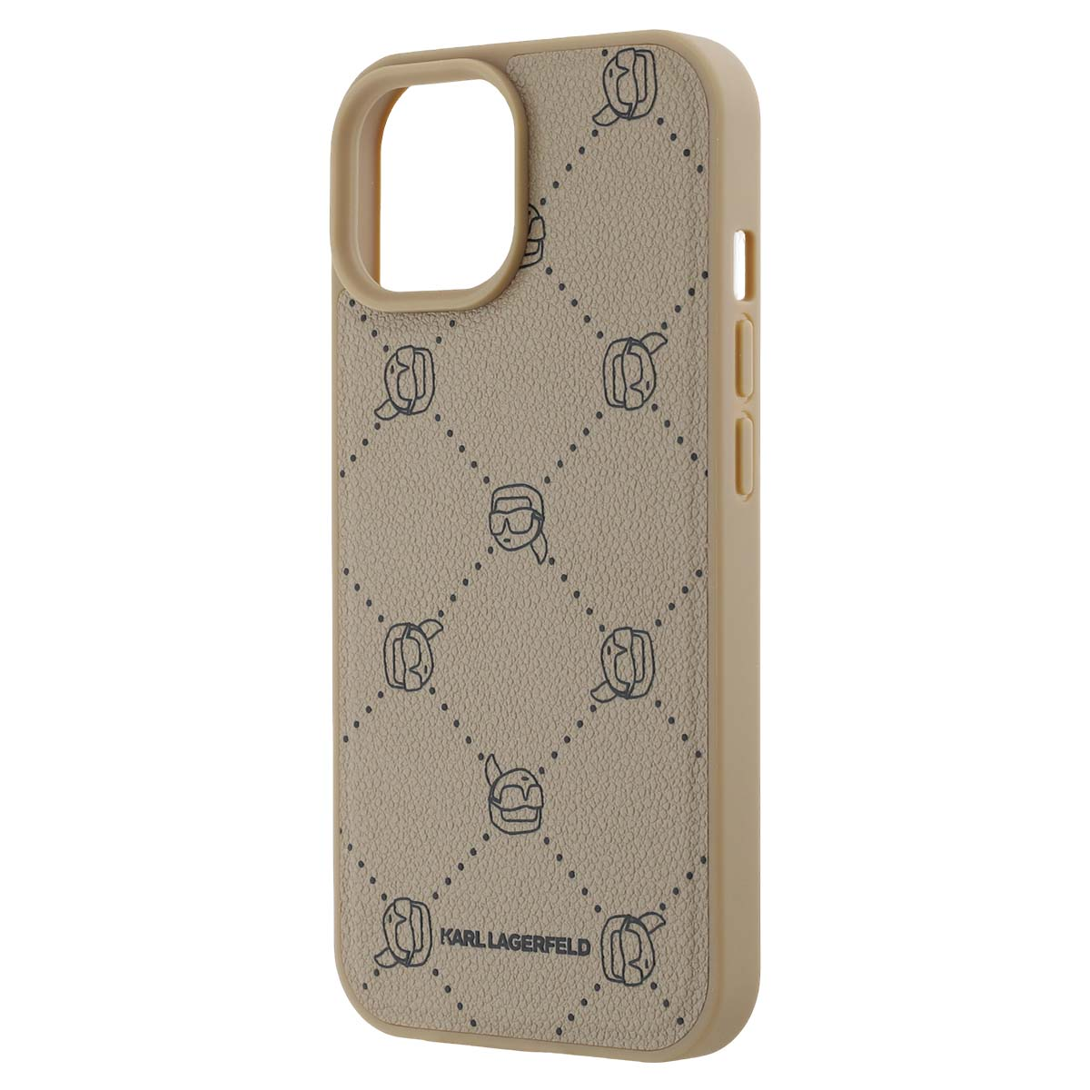 Una cover per telefono beige con motivo Karl Lagerfeld di punti e teste.