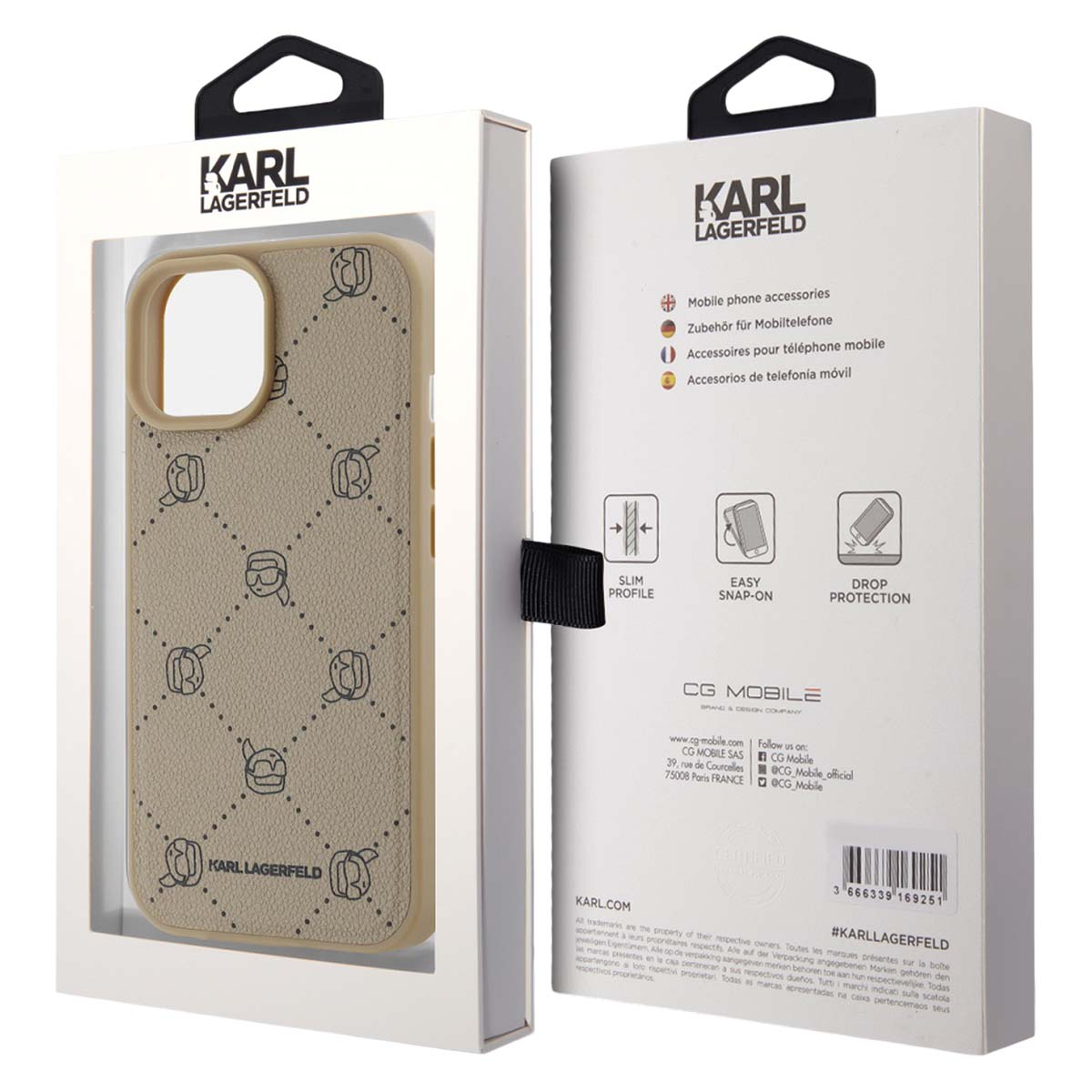 Custodia Karl Lagerfeld beige con motivo e confezione accanto.