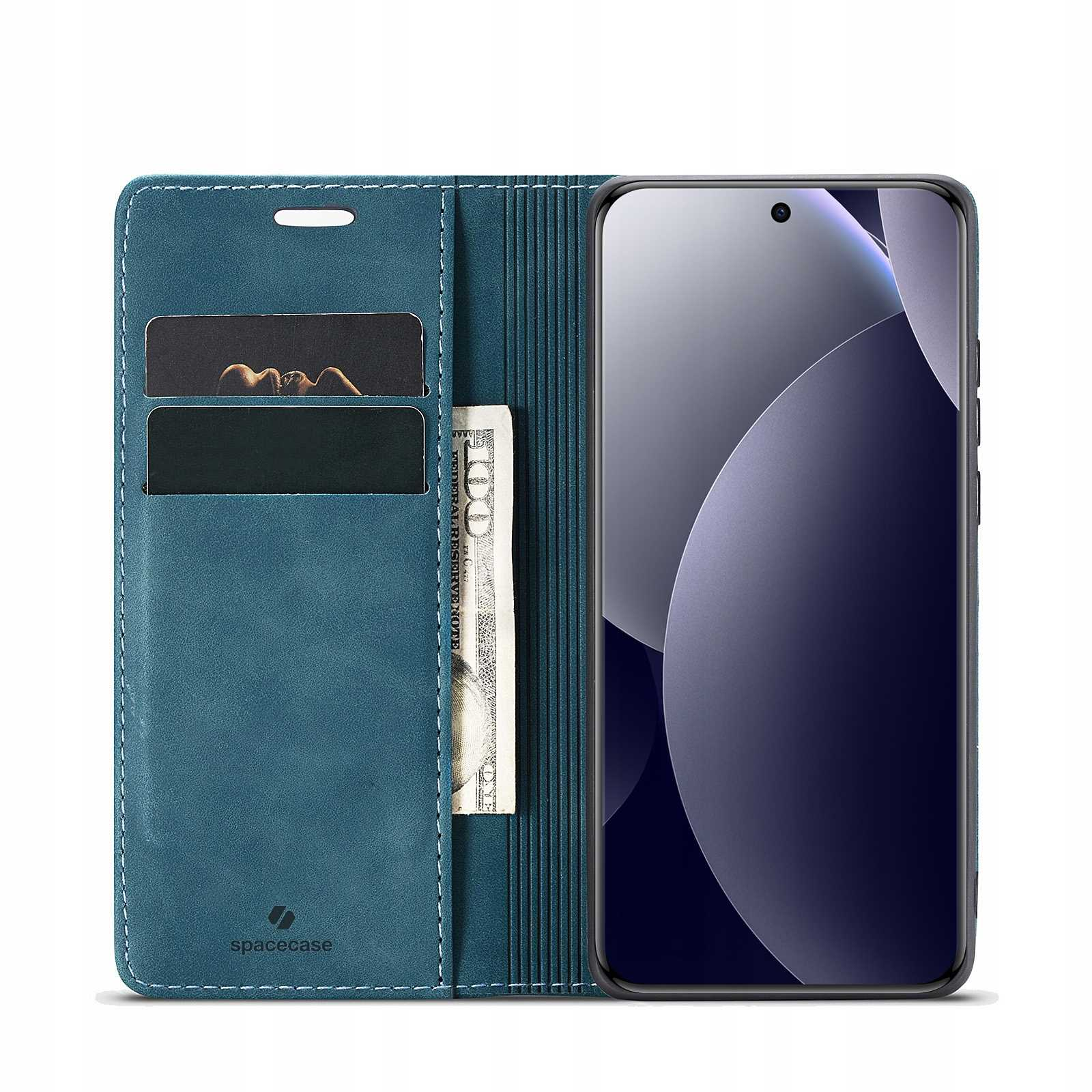 Niebieskie etui na telefon z miejscami na karty, banknotem i smartfonem.