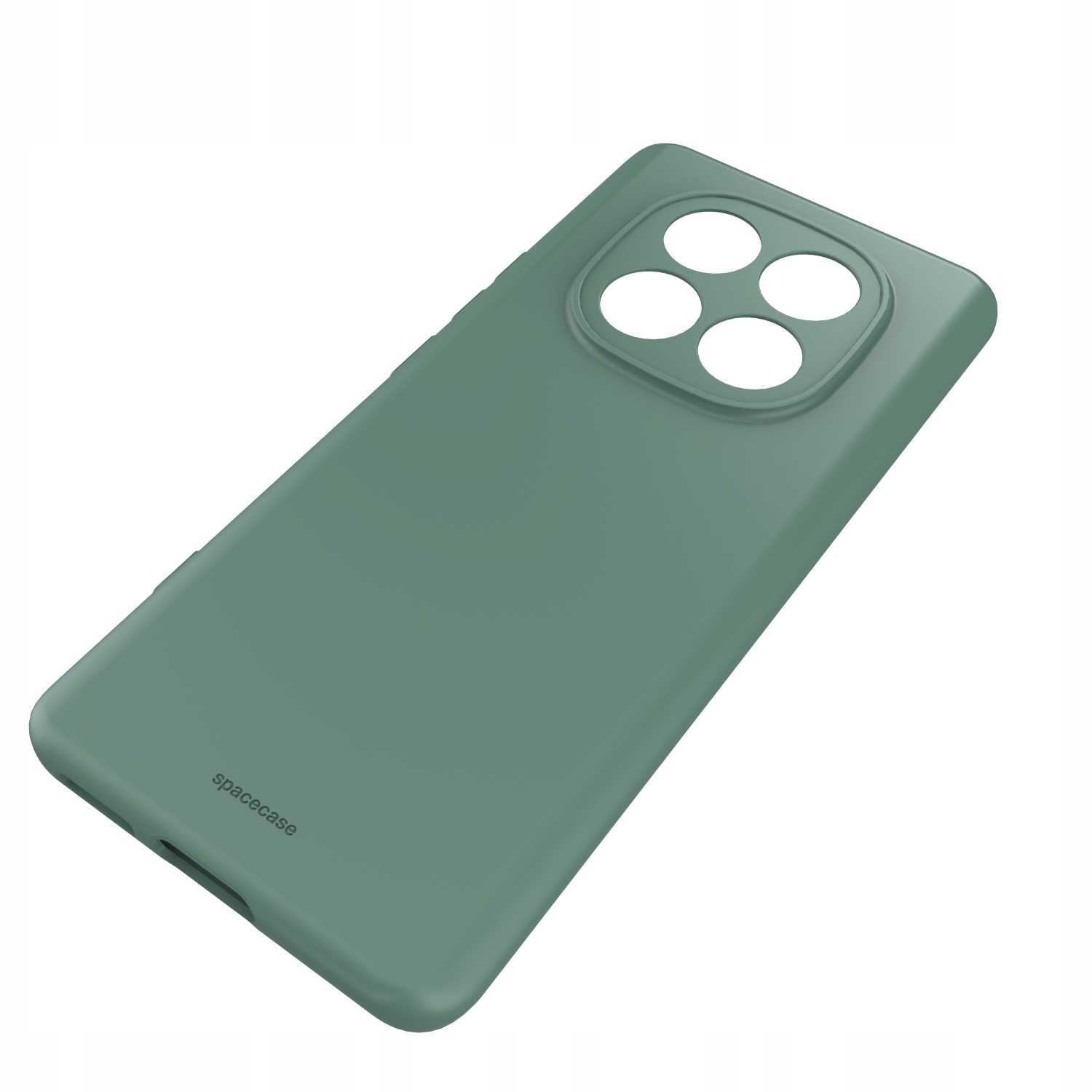 Zielone etui na telefon z czterema wycięciami na aparat i wytłoczonym logo 'spacecase'.