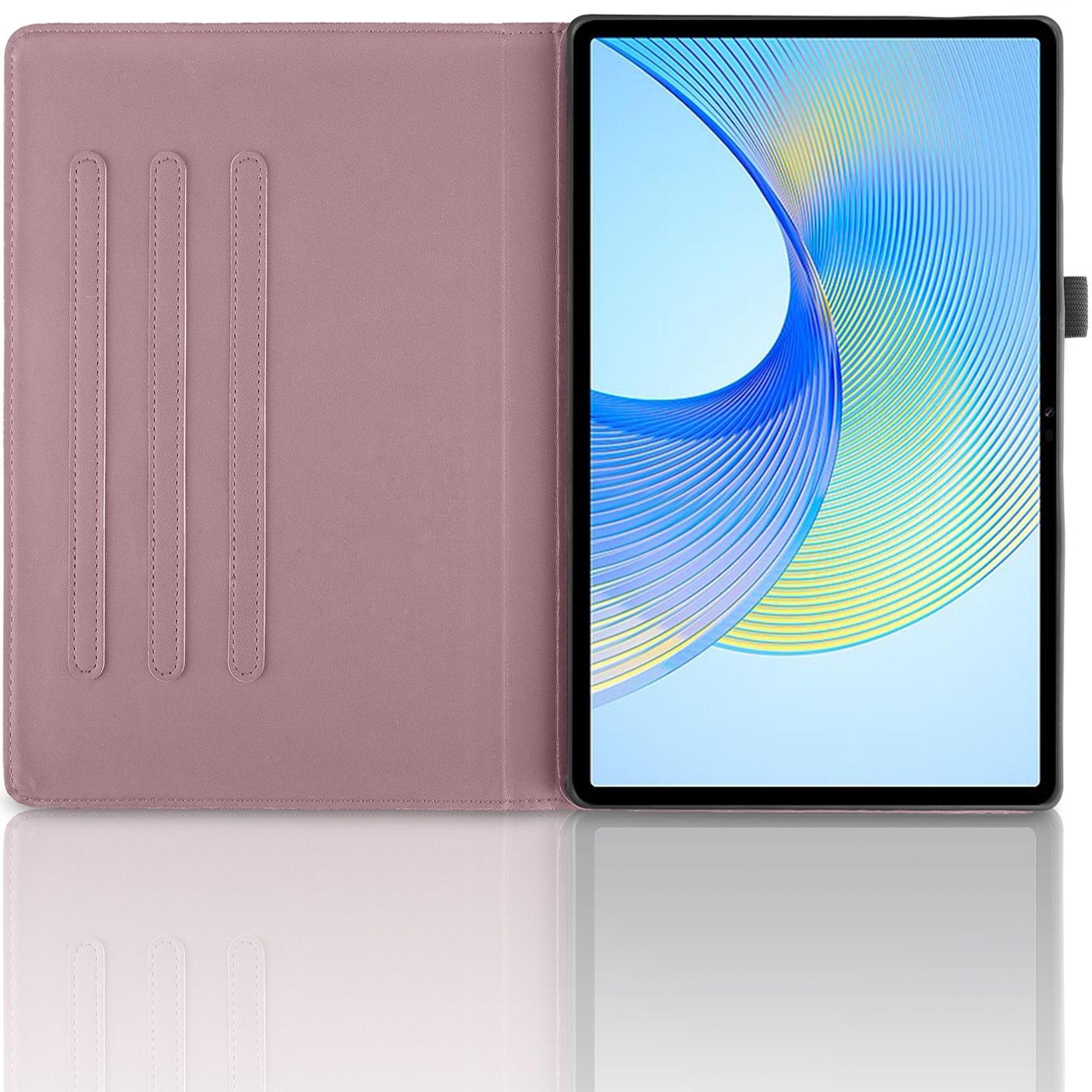Una custodia rosa per tablet è aperta, rivelando un tablet con schermo astratto colorato.