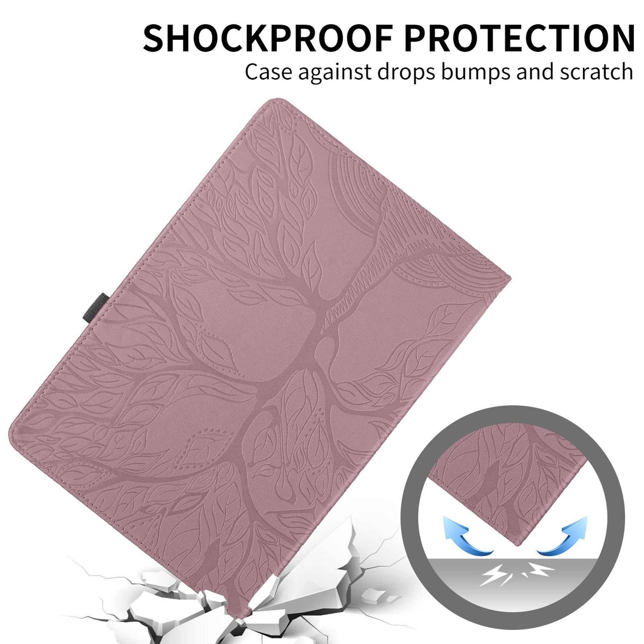Una custodia rosa per tablet con rilievo ad albero e icona di protezione anticaduta.