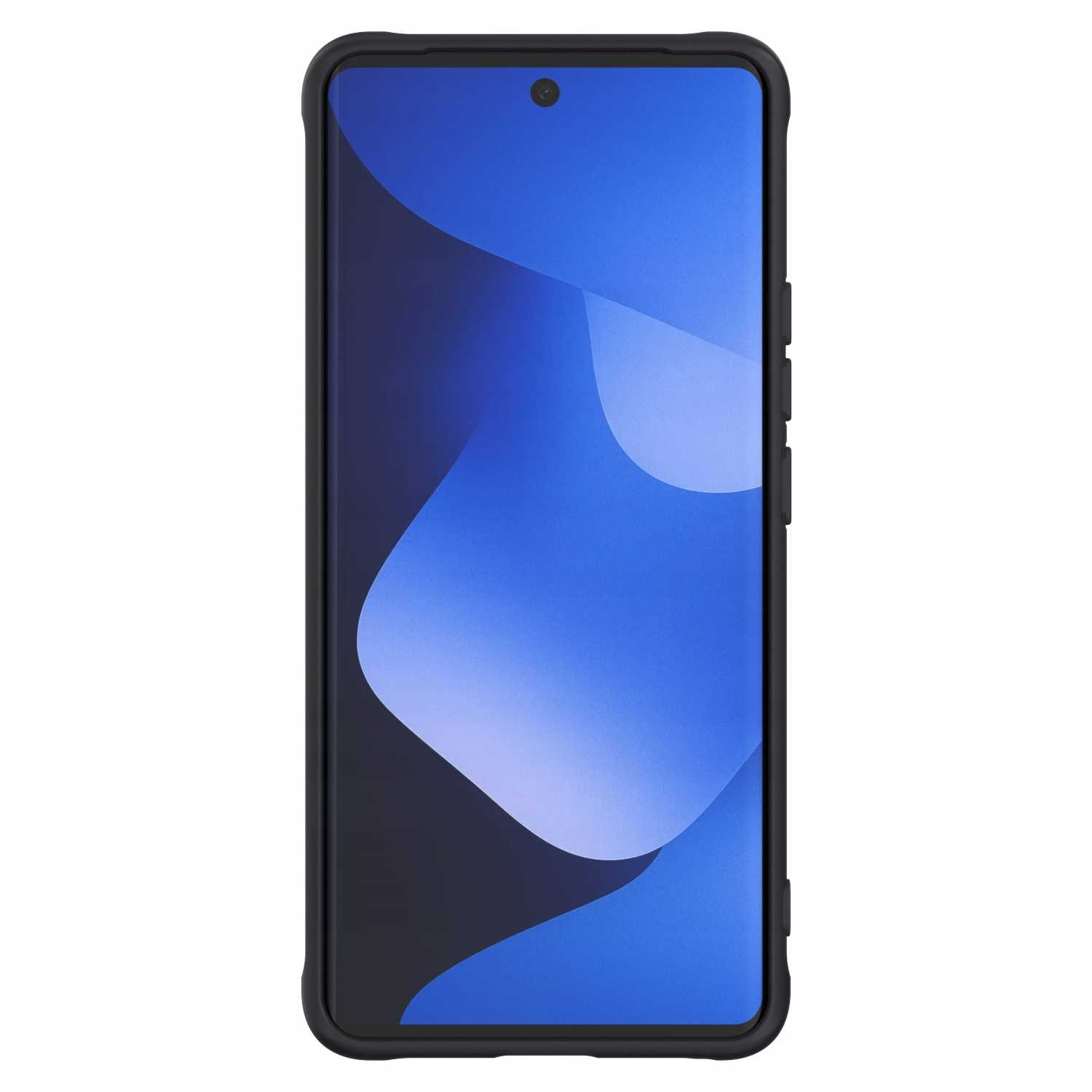 Czarny smartfon z niebieskim tłem i wycięciem na aparat.