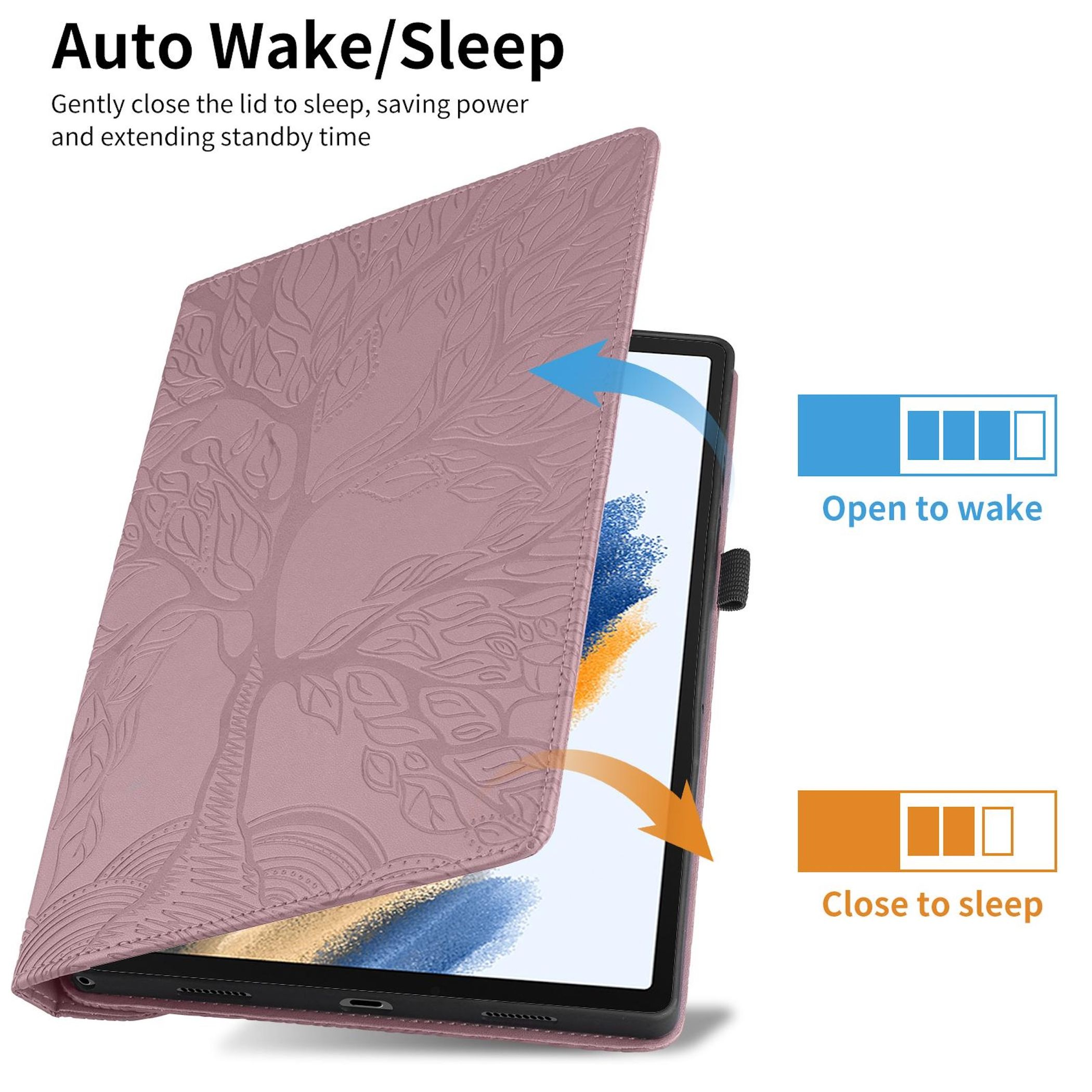 Custodia rosa per tablet con disegno ad albero, mostra apri per svegliare e chiudi per dormire.