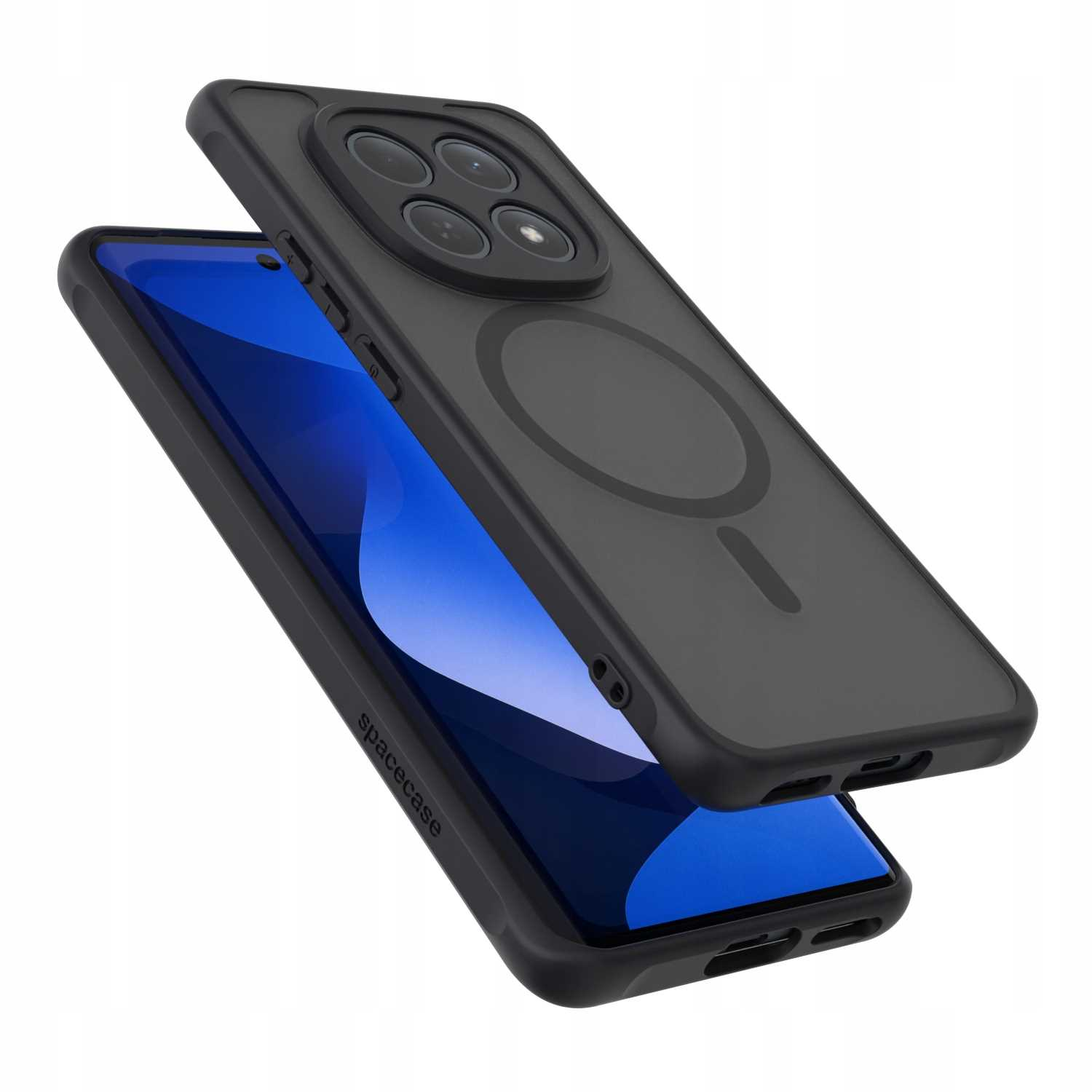 Czarna obudowa na telefon z magnetycznym pierścieniem leży na niebieskim ekranie.
