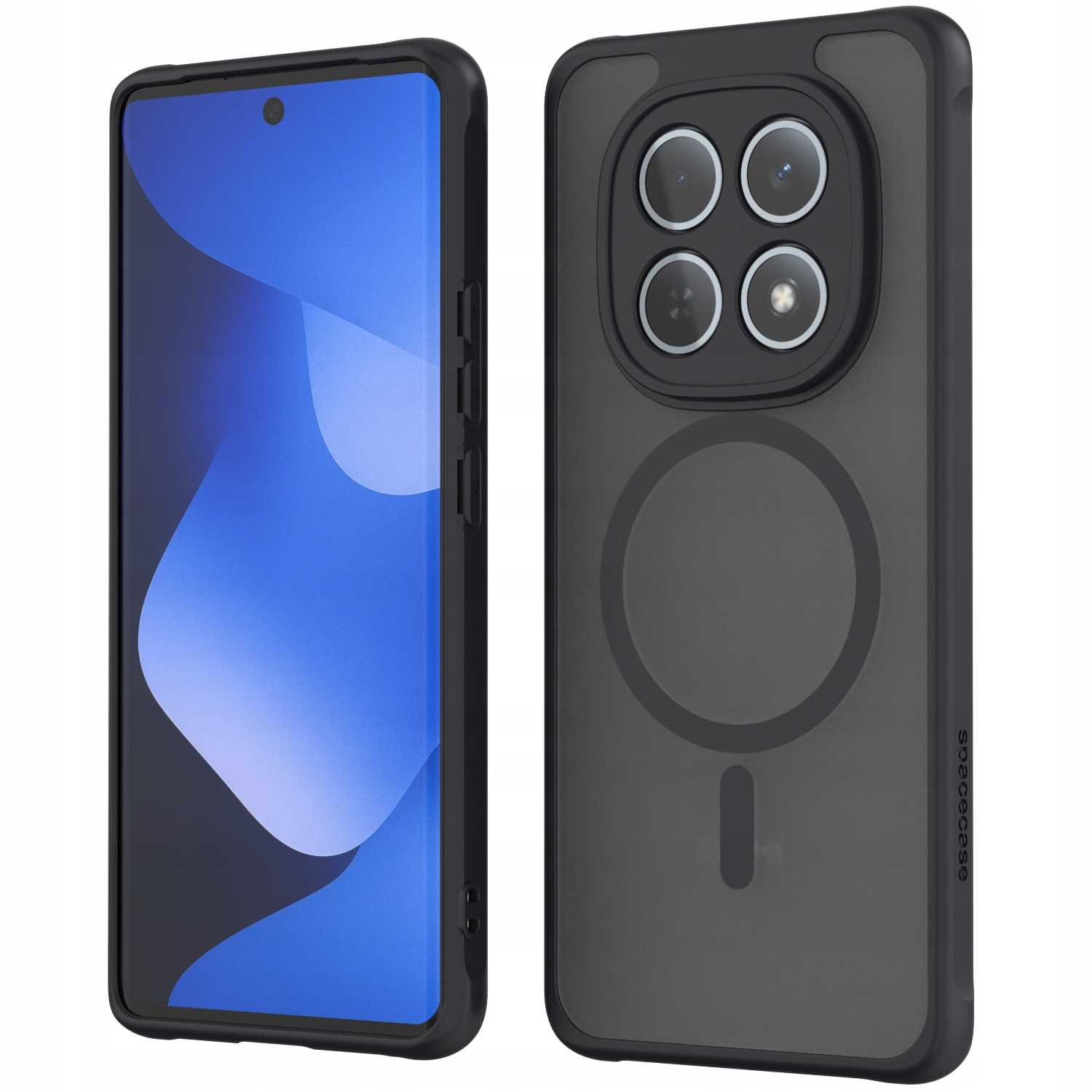 Czarny smartfon z niebieskim ekranem i czarnym etui ochronnym z obiektywami aparatu.
