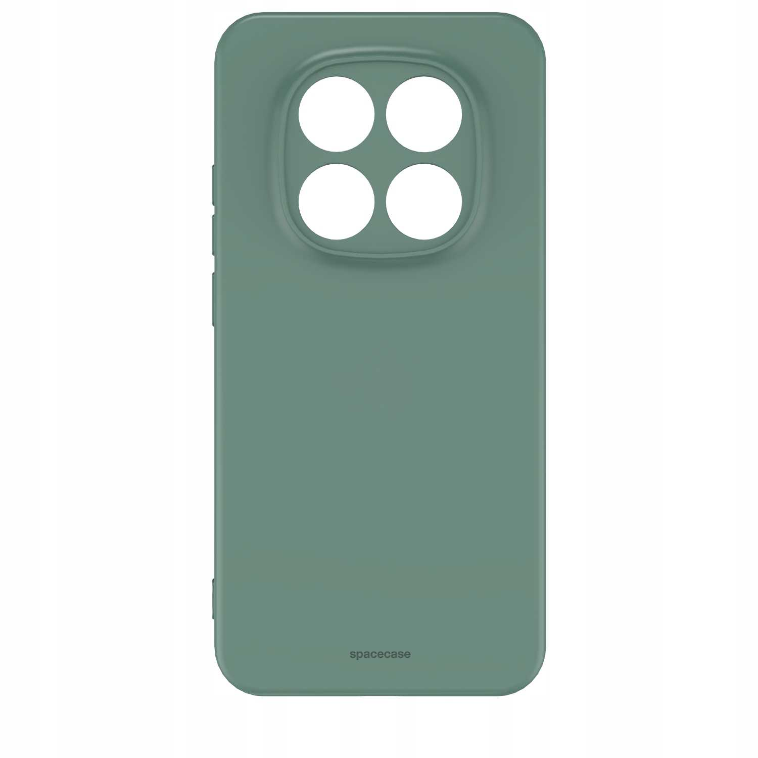 Matowa zielona obudowa telefonu z kwadratowym wycięciem na cztery obiektywy.