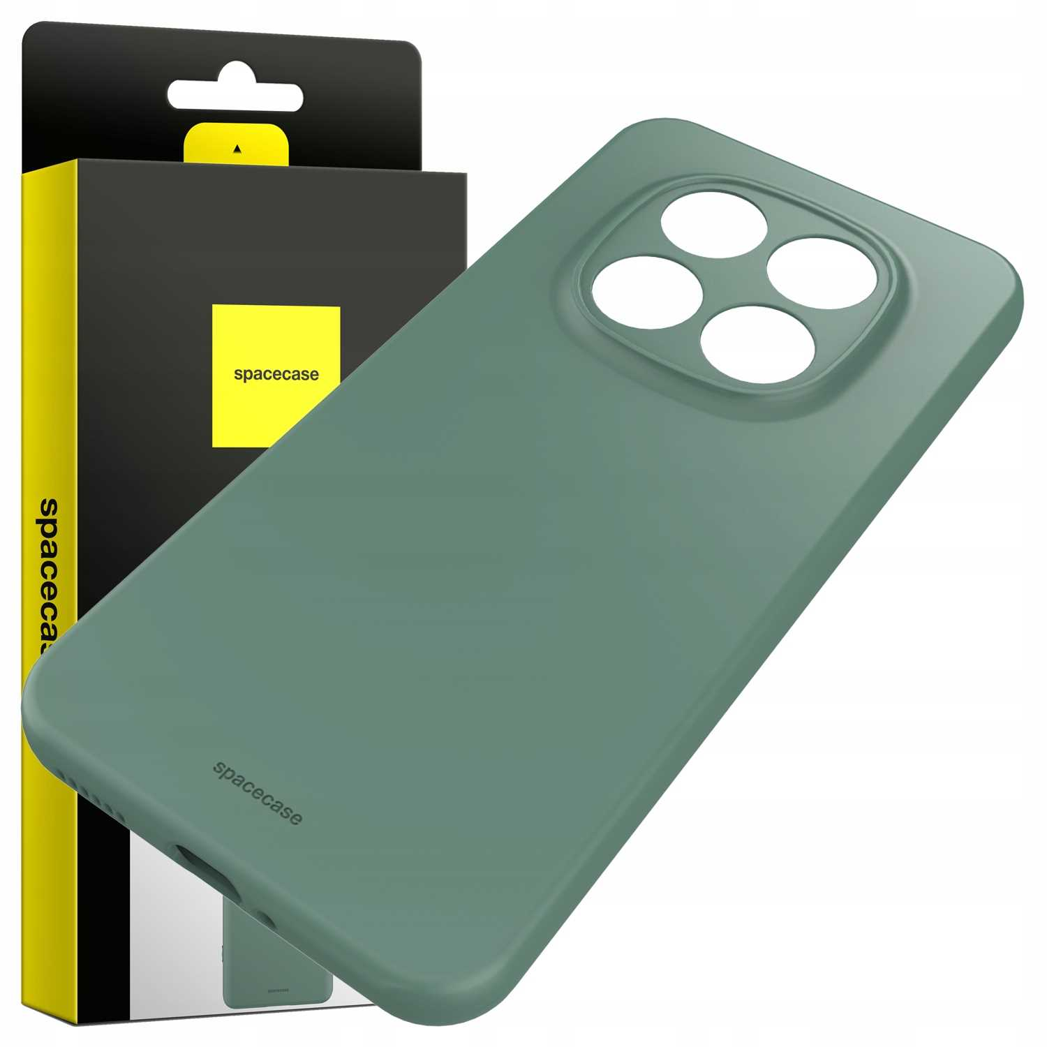 Zielone etui na telefon obok czarno-żółtego pudełka z napisem „spacecase”.