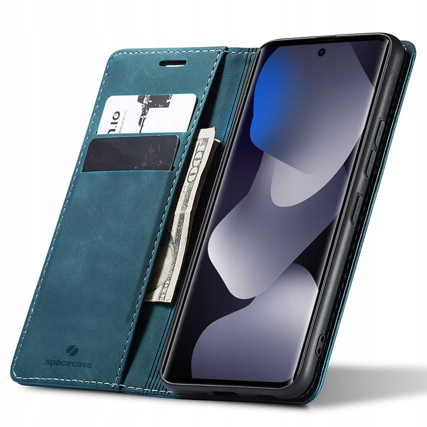 Turkusowe etui portfelowe otwarte, pokazuje telefon, karty i gotówkę. Widoczne logo Spacecase.