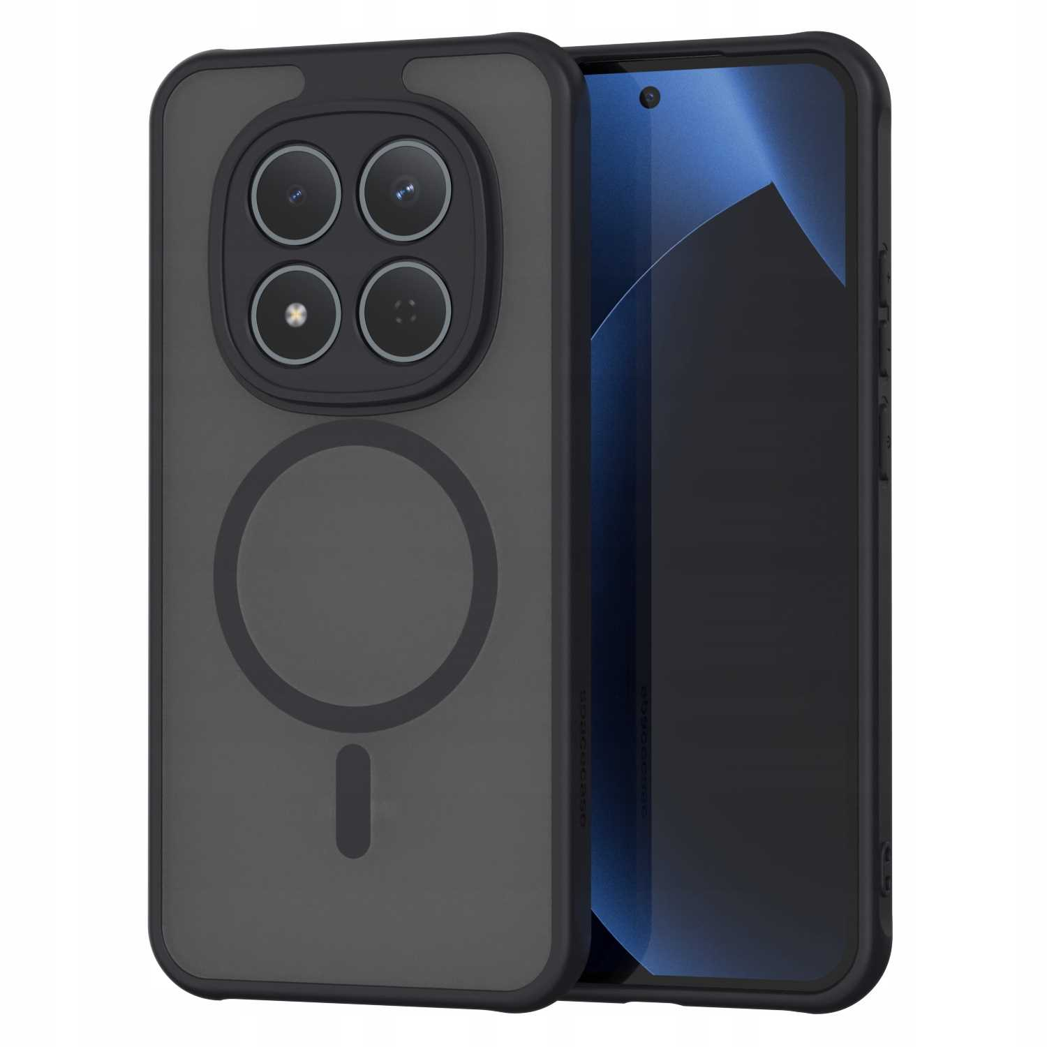 Czarna obudowa telefonu z okrągłym magnesem z tyłu i czterema obiektywami aparatu.