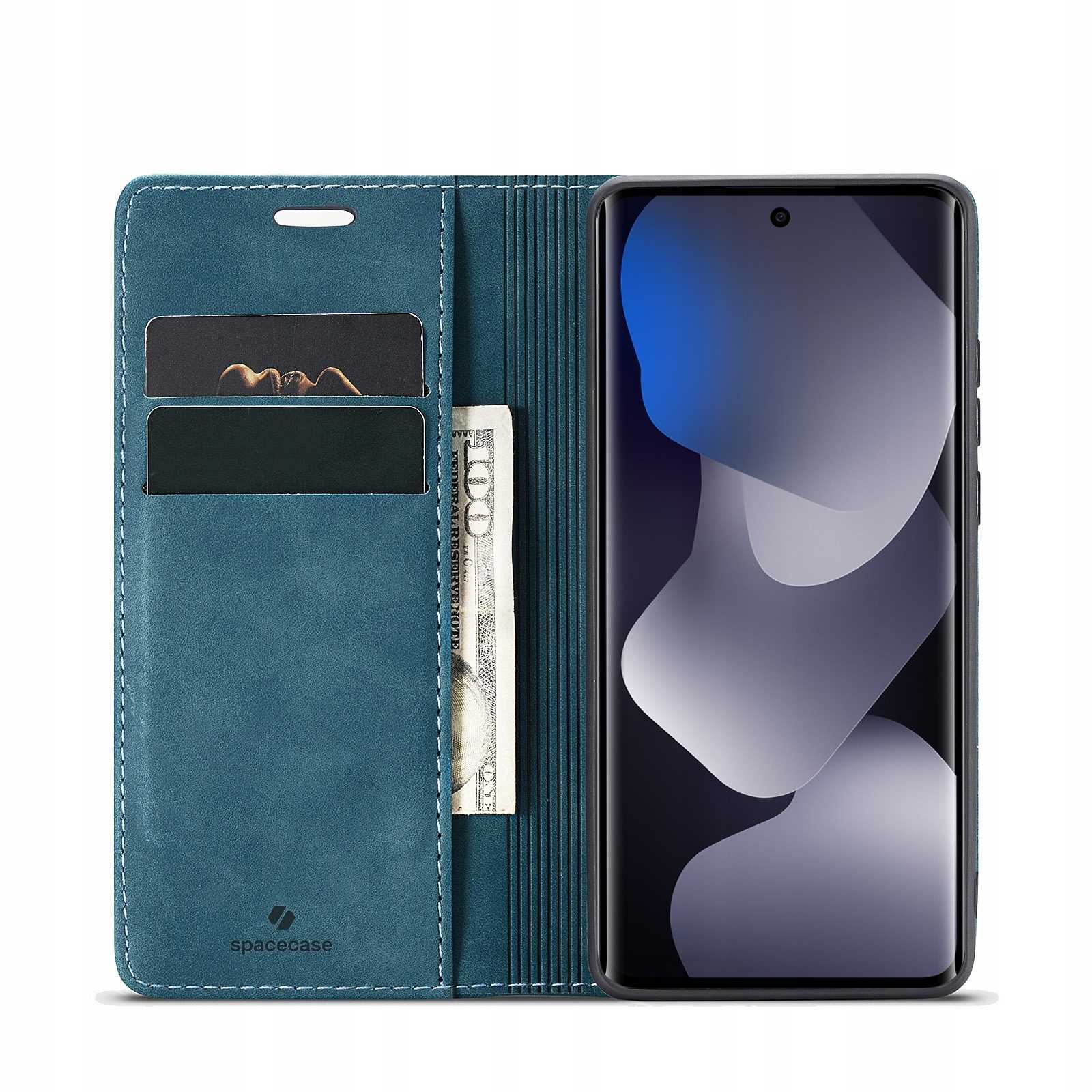 Niebiesko-zielona etui portfelowe otwarte, pokazujące karty, banknot 100 dolarów i smartfon.