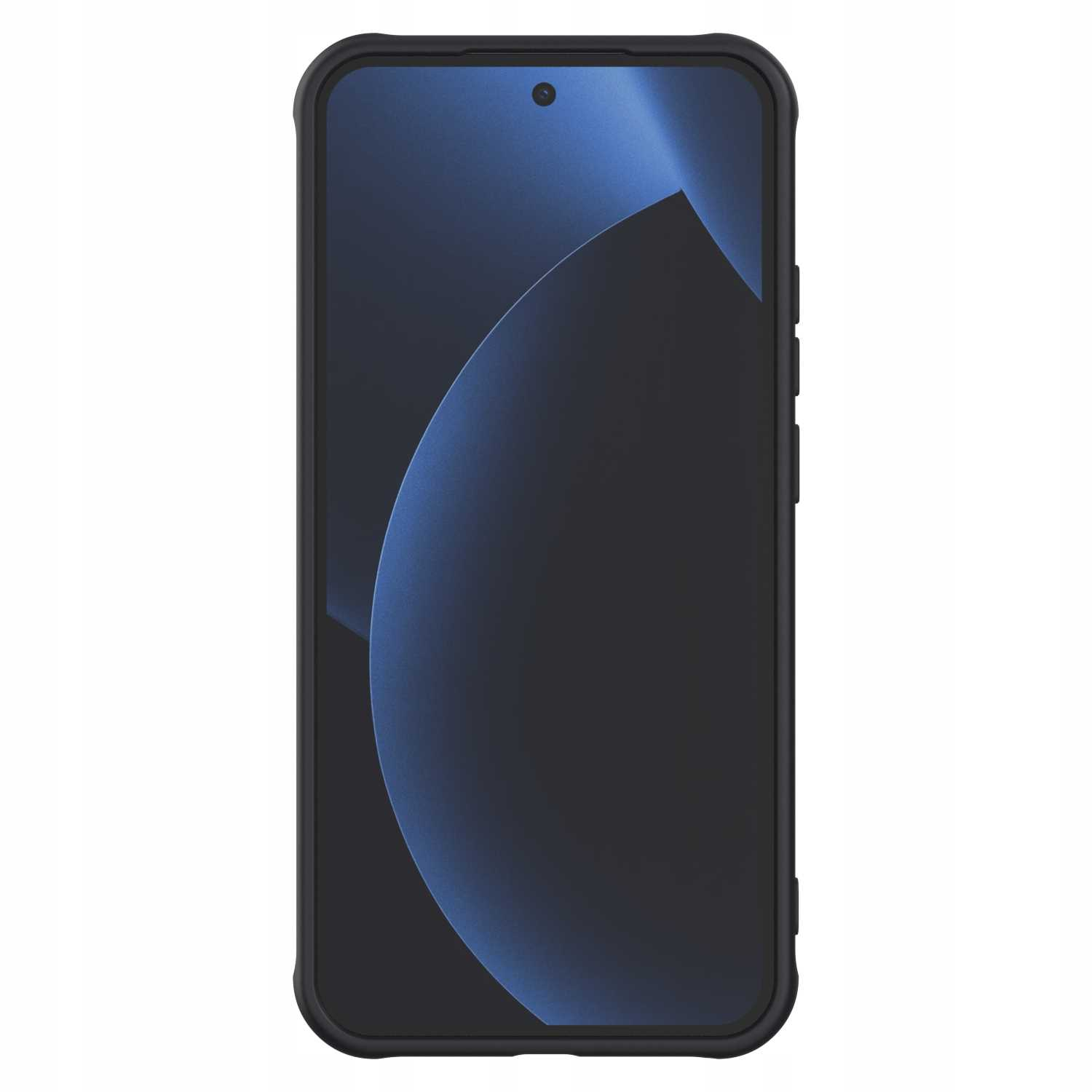 Czarny smartfon z ciemnoniebieską abstrakcyjną tapetą jest wyświetlany na białym tle.