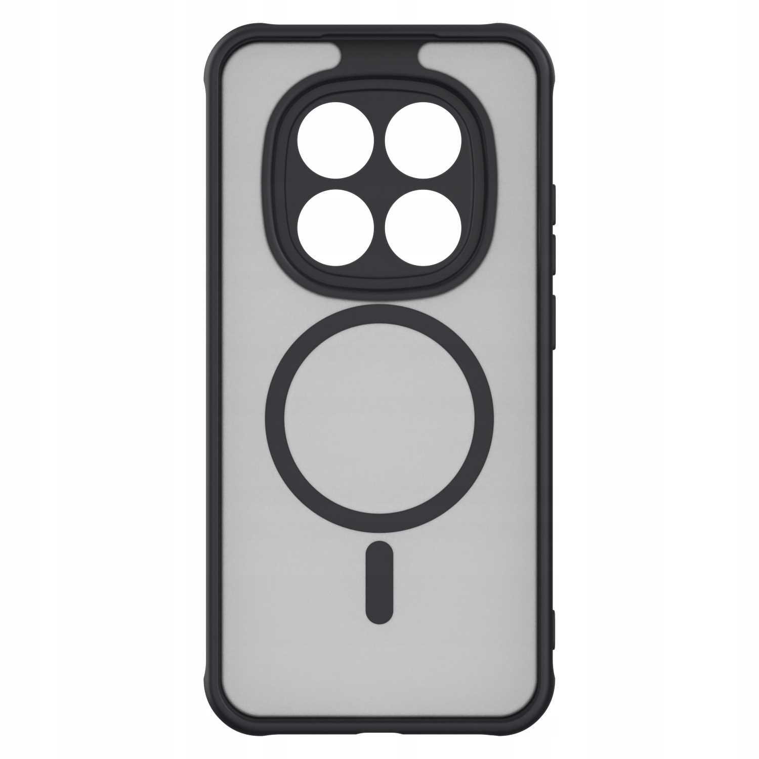 Czarno-przezroczyste etui na telefon z czterema wycięciami na aparat i okrągłym pierścieniem magnetycznym.