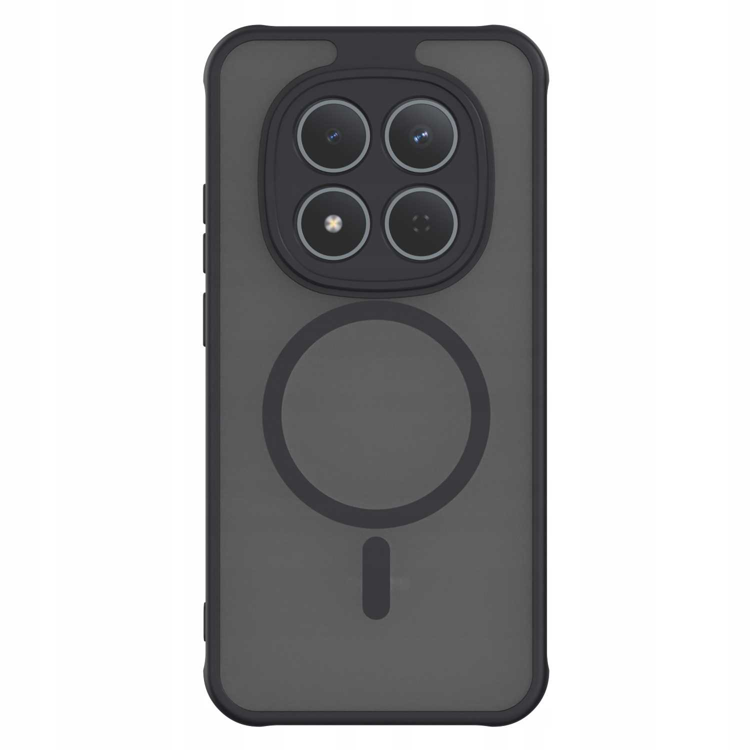 Czarne etui na telefon z wystającą częścią na aparat i okrągłym pierścieniem magnetycznym.