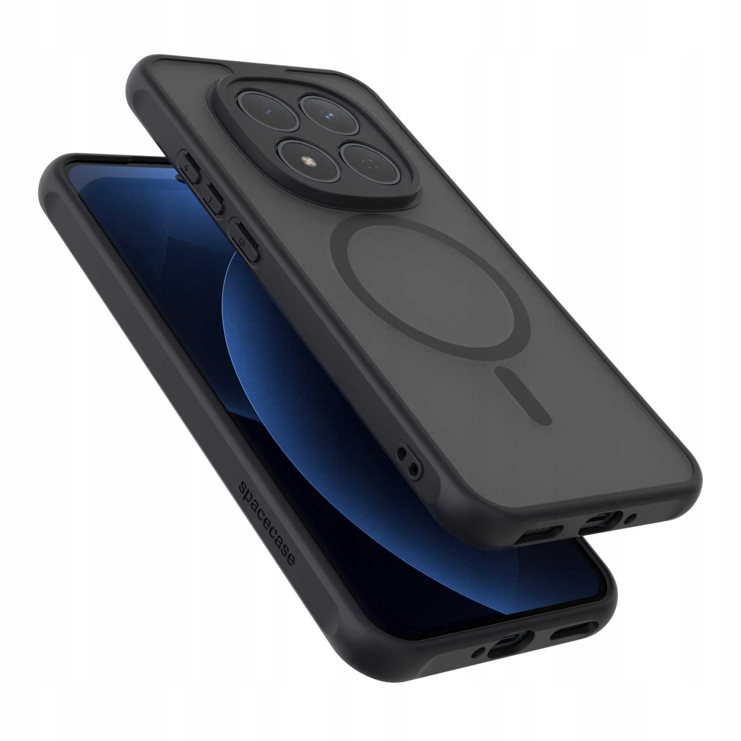 Czarne etui na telefon z pierścieniem magnetycznym i czterema obiektywami, na niebieskim telefonie.