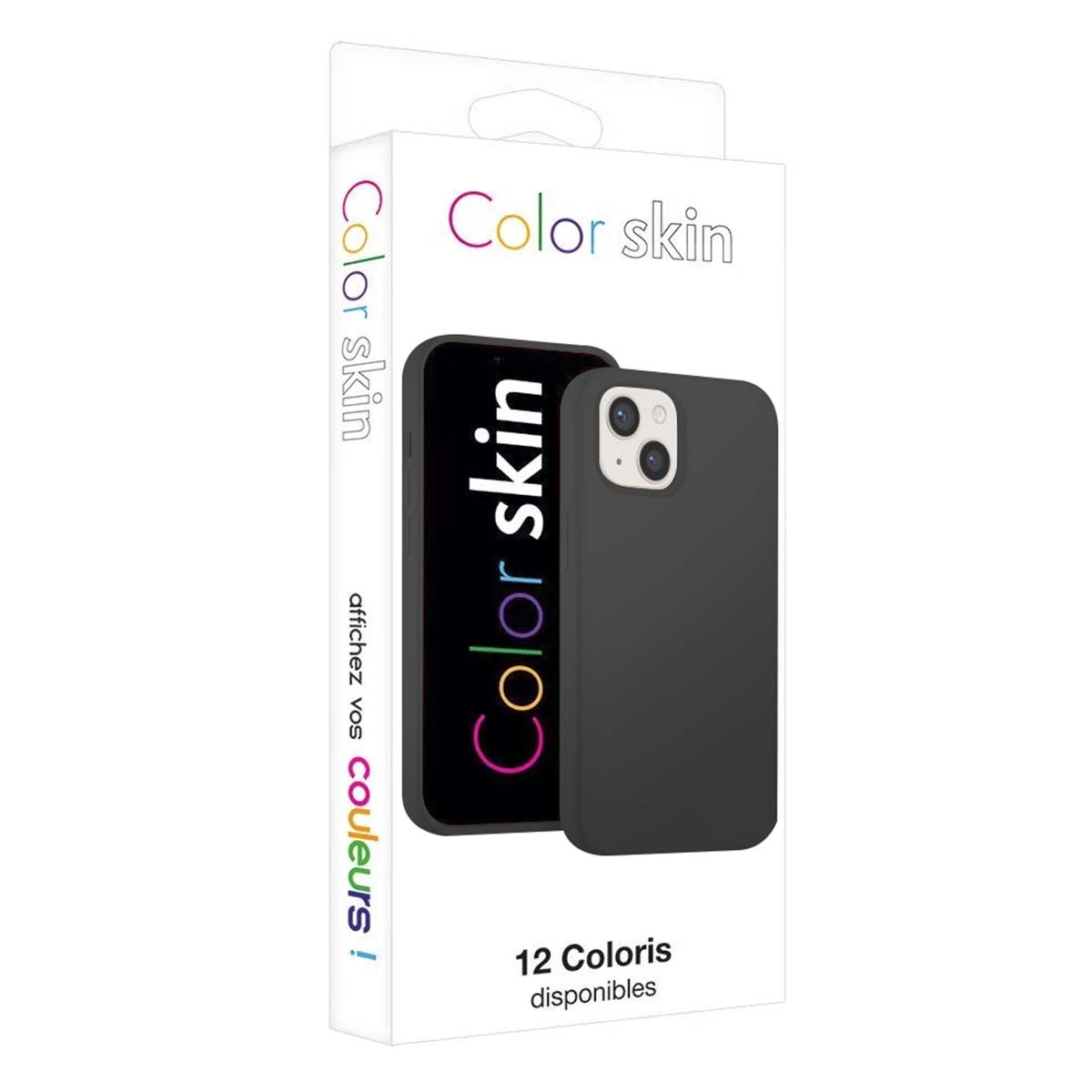Verpackung für eine dunkelgraue Handyhülle, zeigt das Handy mit Hülle und Text Color skin.