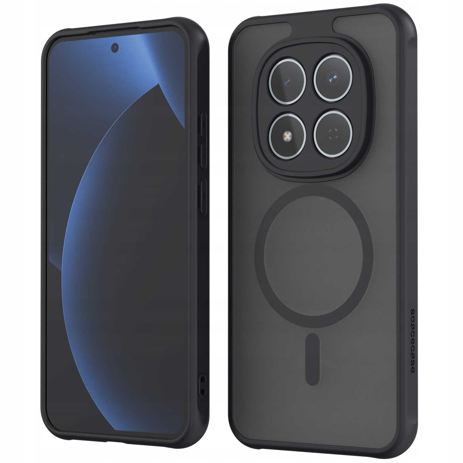 Czarne etui na telefon z wycięciem na moduł kamery i pierścieniem magnetycznym.