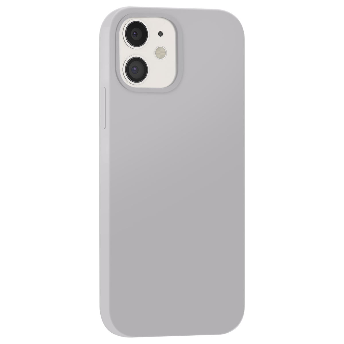 Une coque grise claire pour iPhone est présentée sur fond blanc. Elle couvre l'arrière et les côtés.